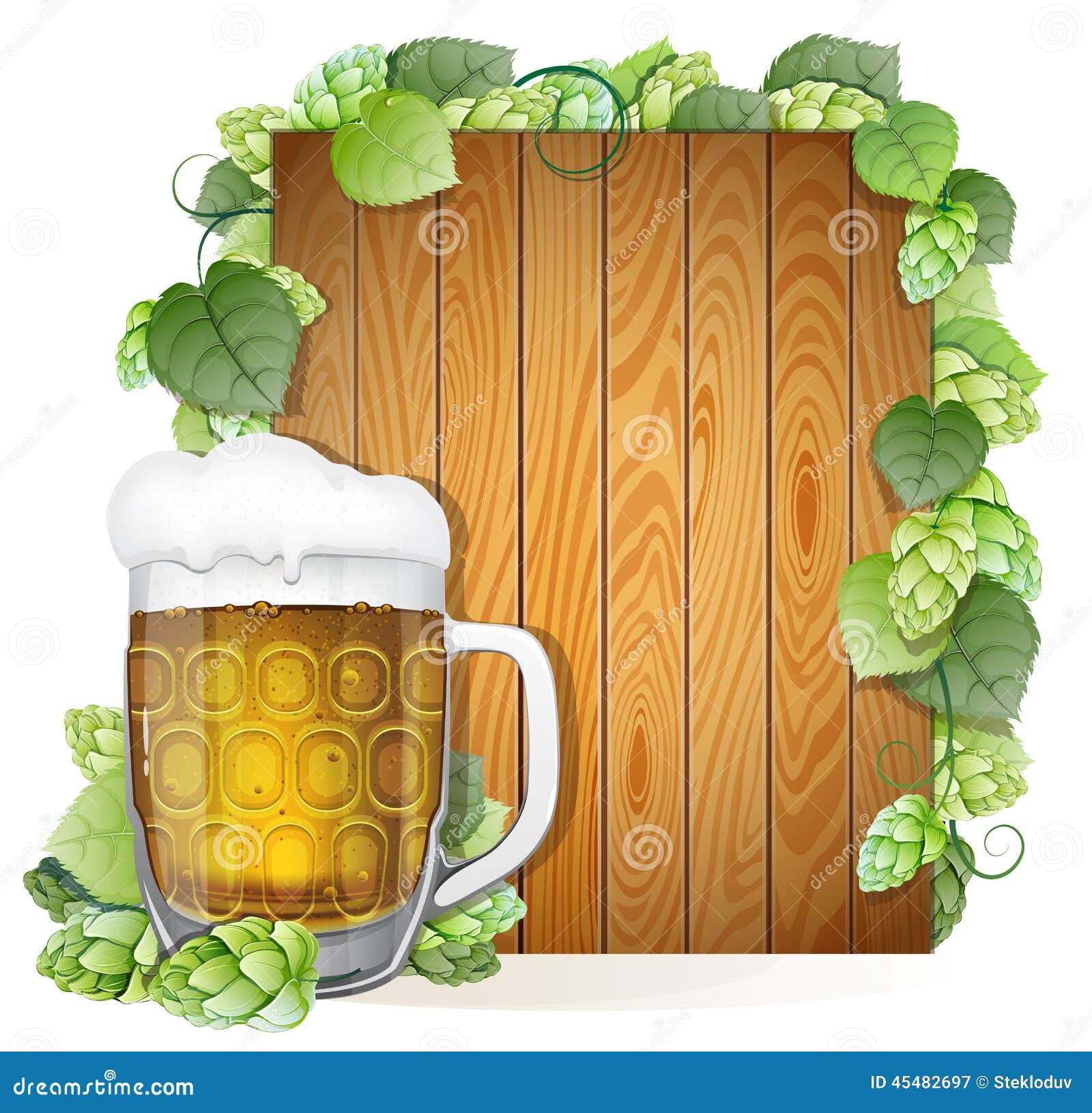 Bierkrug Und Hopfen Auf Einem Holzernen Hintergrund Vektor Abbildung Illustration Von Bierkrug Hintergrund