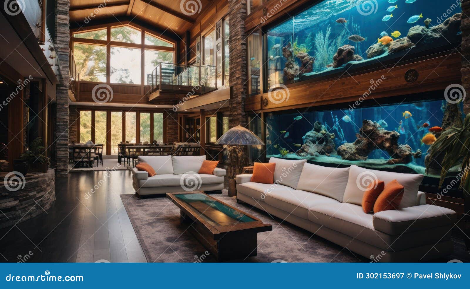 Big Aquarium in Luxury Living Room. Modern Interior with Sea Water Fishtank.  Stock Image - Image of nano, lighting: 302153697