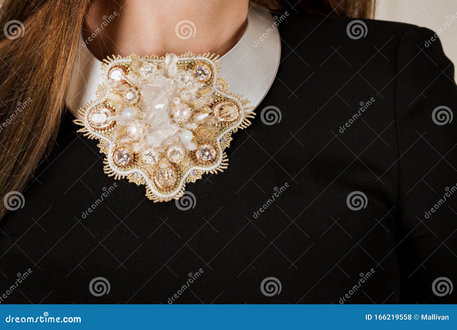Necklace Made Of Golden Beads And Rhinestones Handmade Closeup Stock