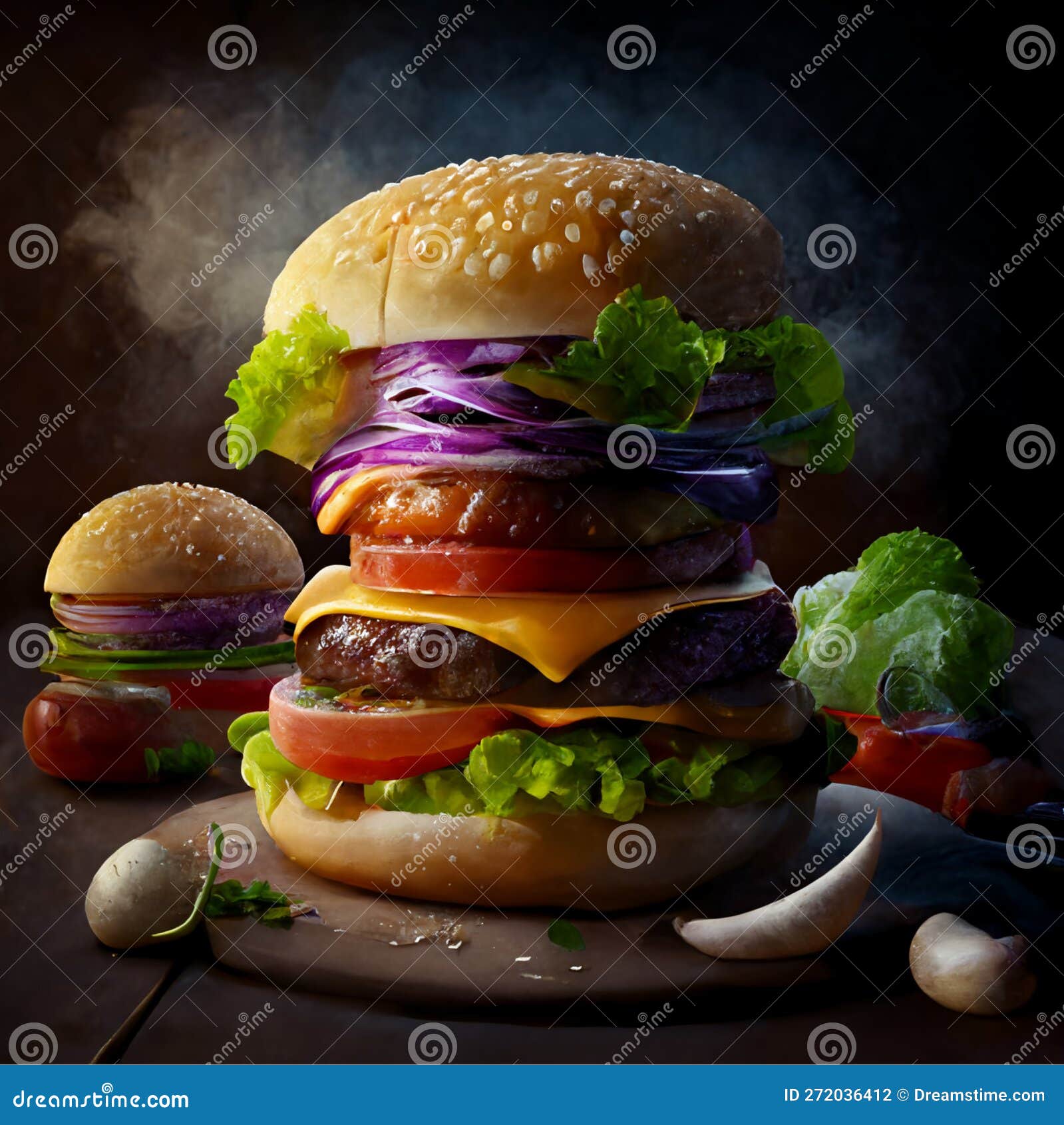 big beef burger full of fresh vegetable digital art.