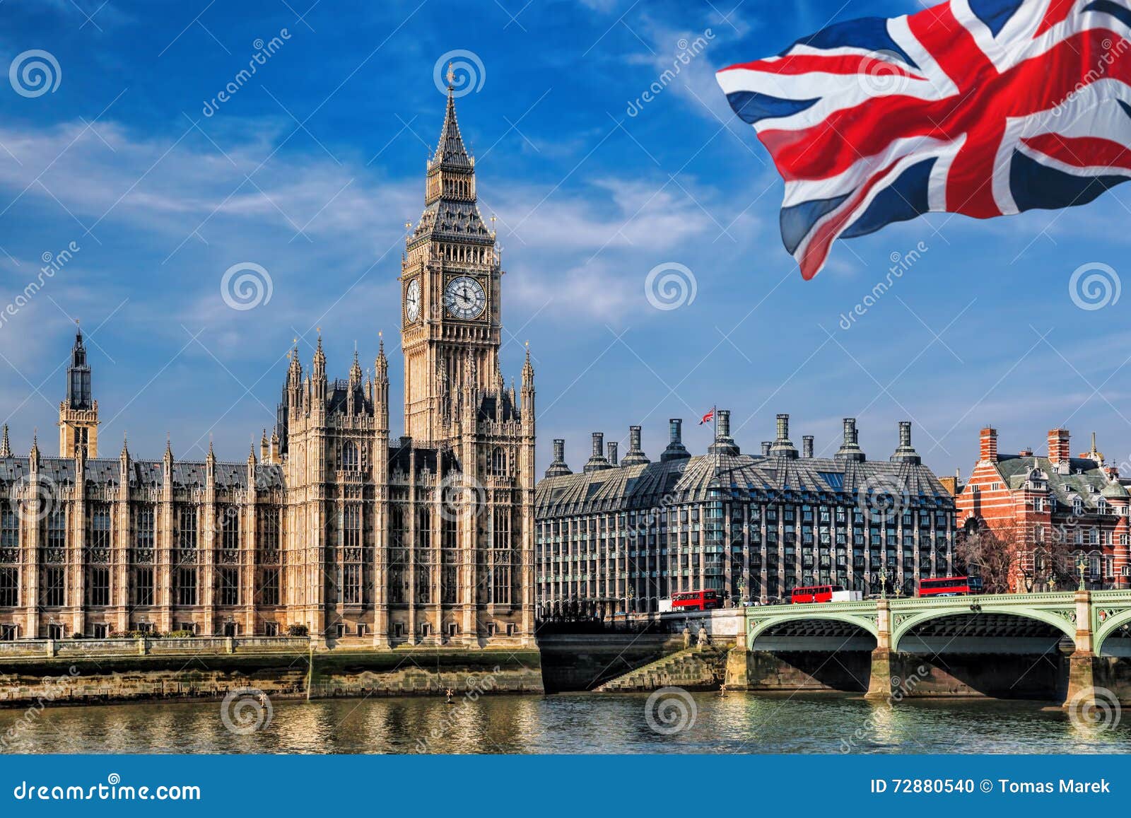big ben with flag of united kingdom in london, uk