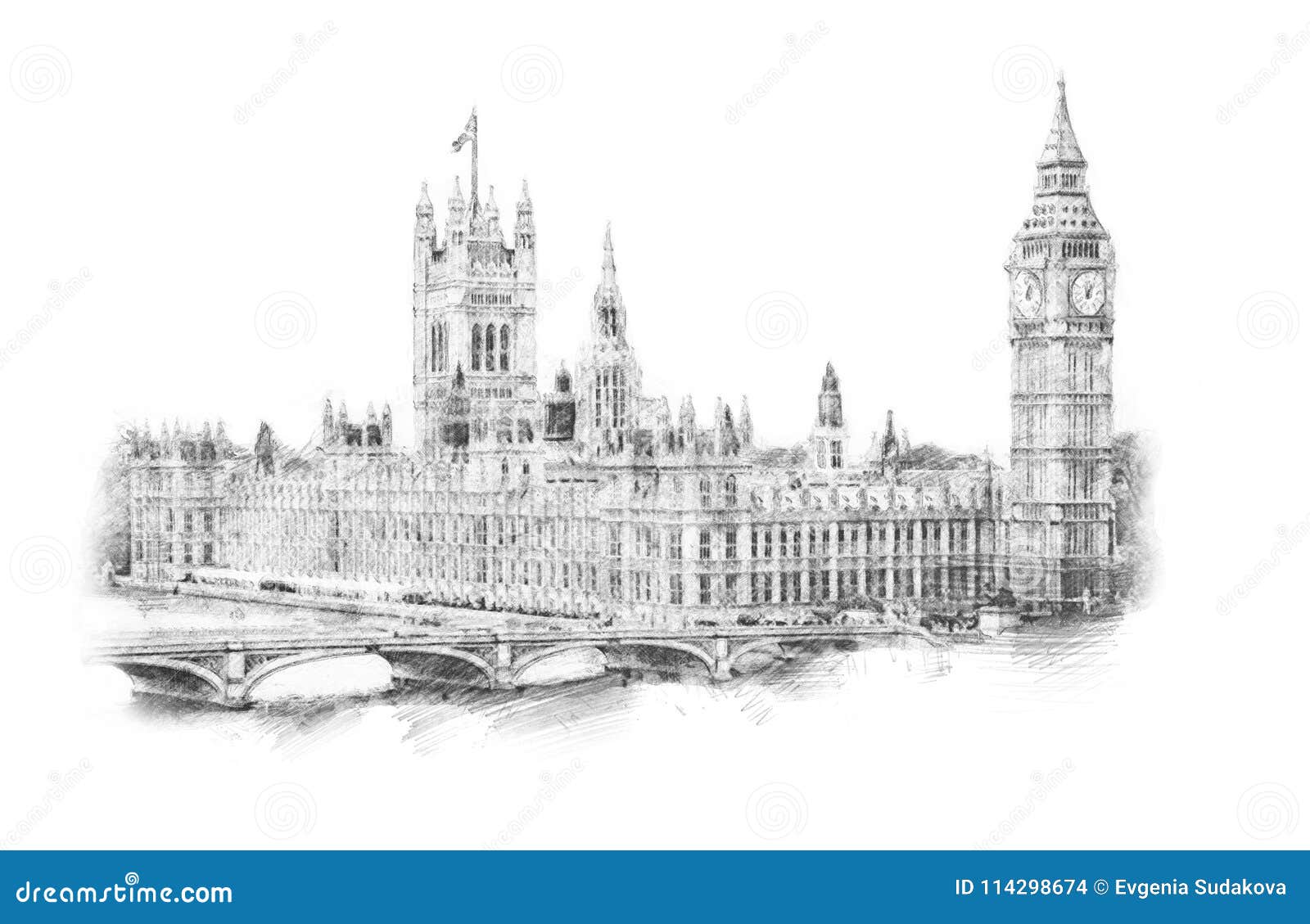 big ben, london, england, uk. hand drawn .  on white background. historical showplace for print, souvenirs, po