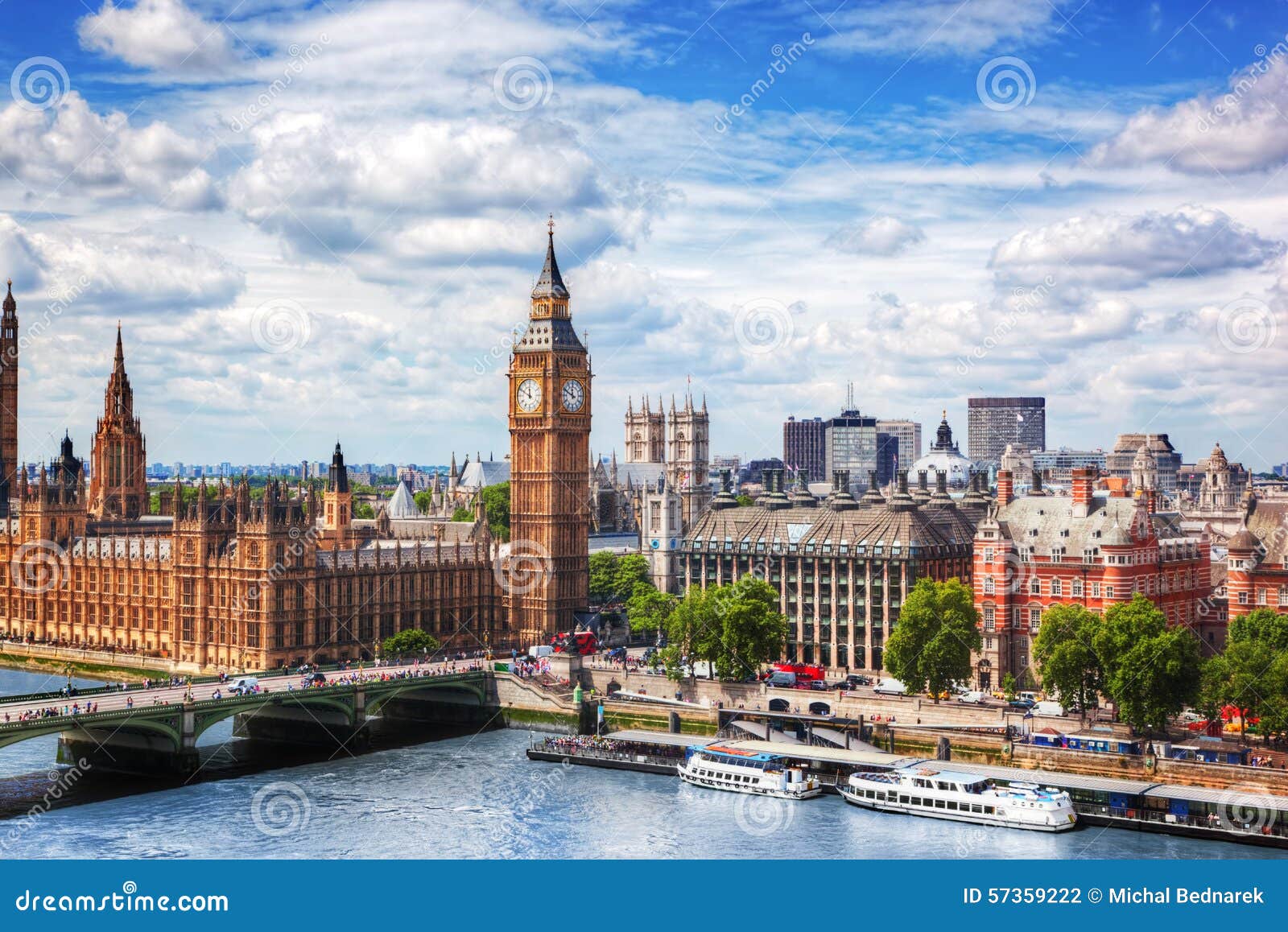 big ben, westminster bridge on river thames in london, the uk. sunny day