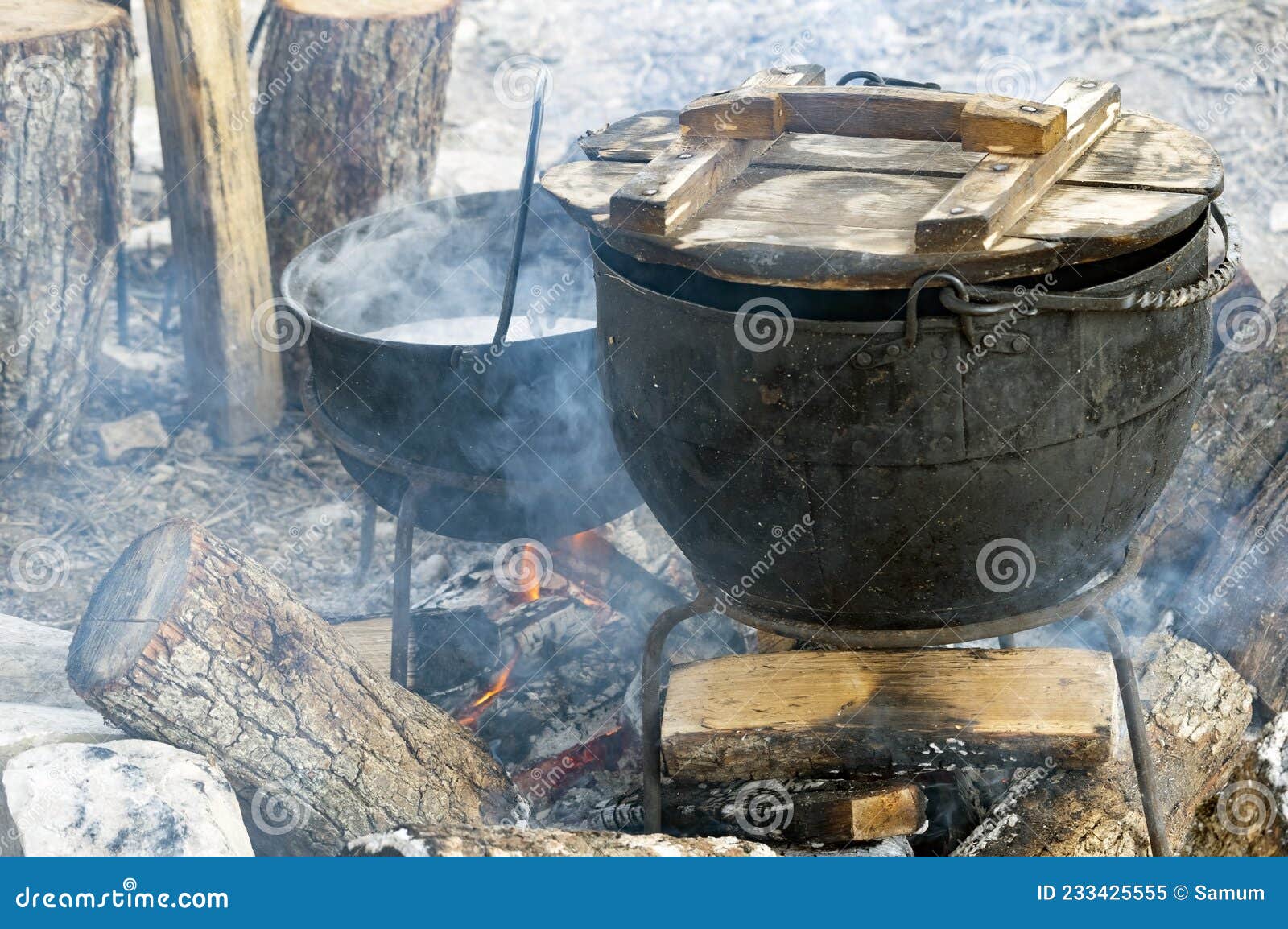 Black Kettle for Campfire on Tripod Stock Image Image of fire, soup