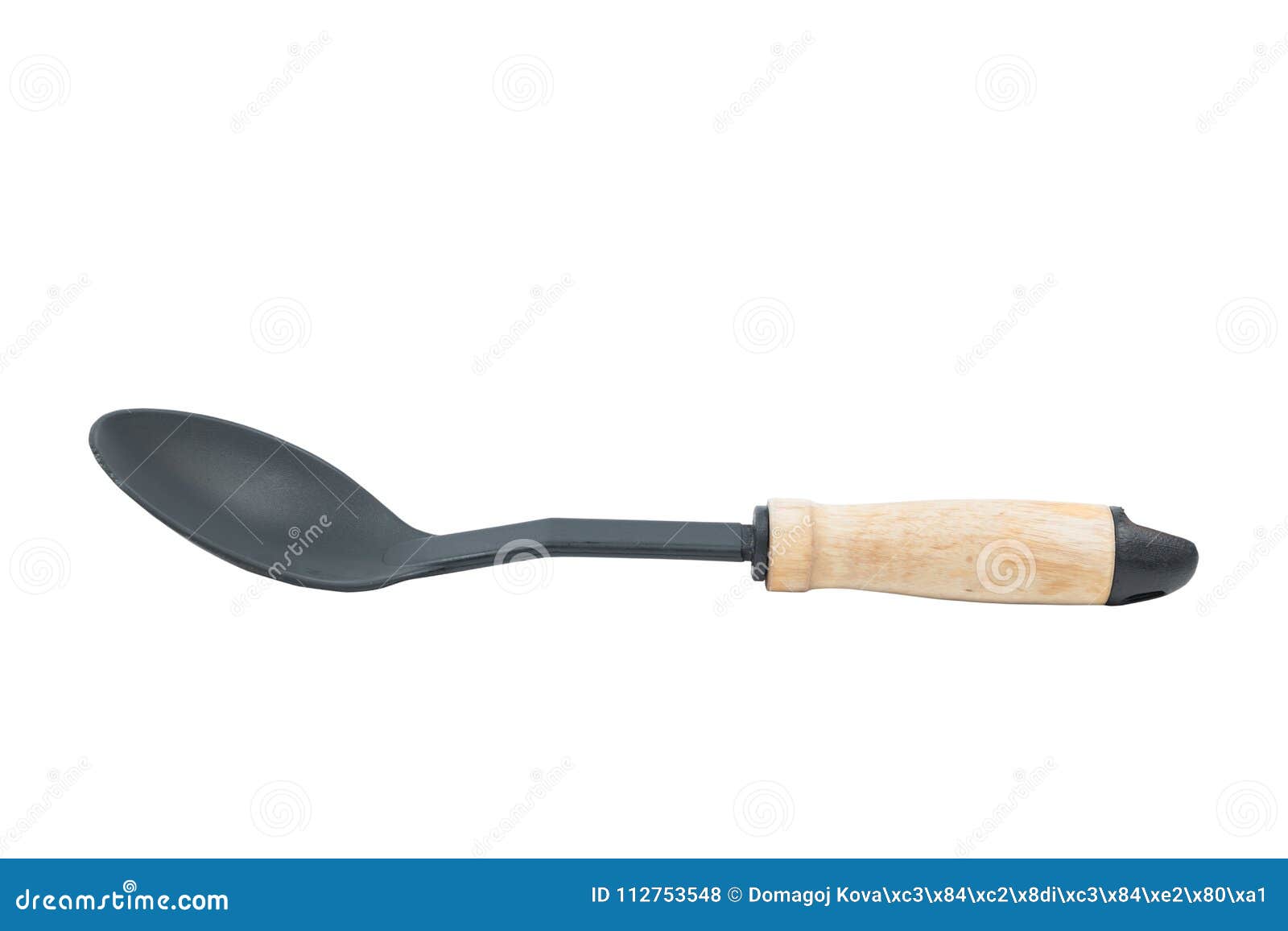 Big Black Plastic Stirring Spoon with Wooden Handle Isolated on White