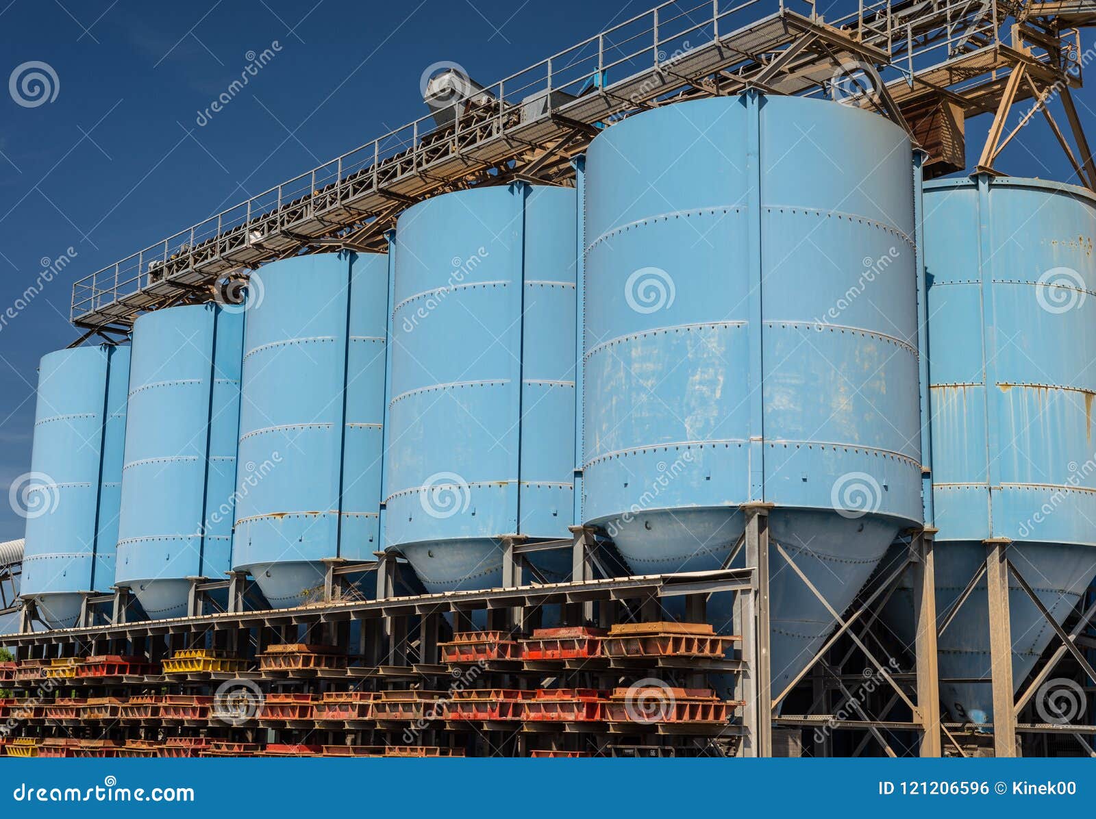 Big Blue Metallic Industrial Silos for the Production of Cement at an ...