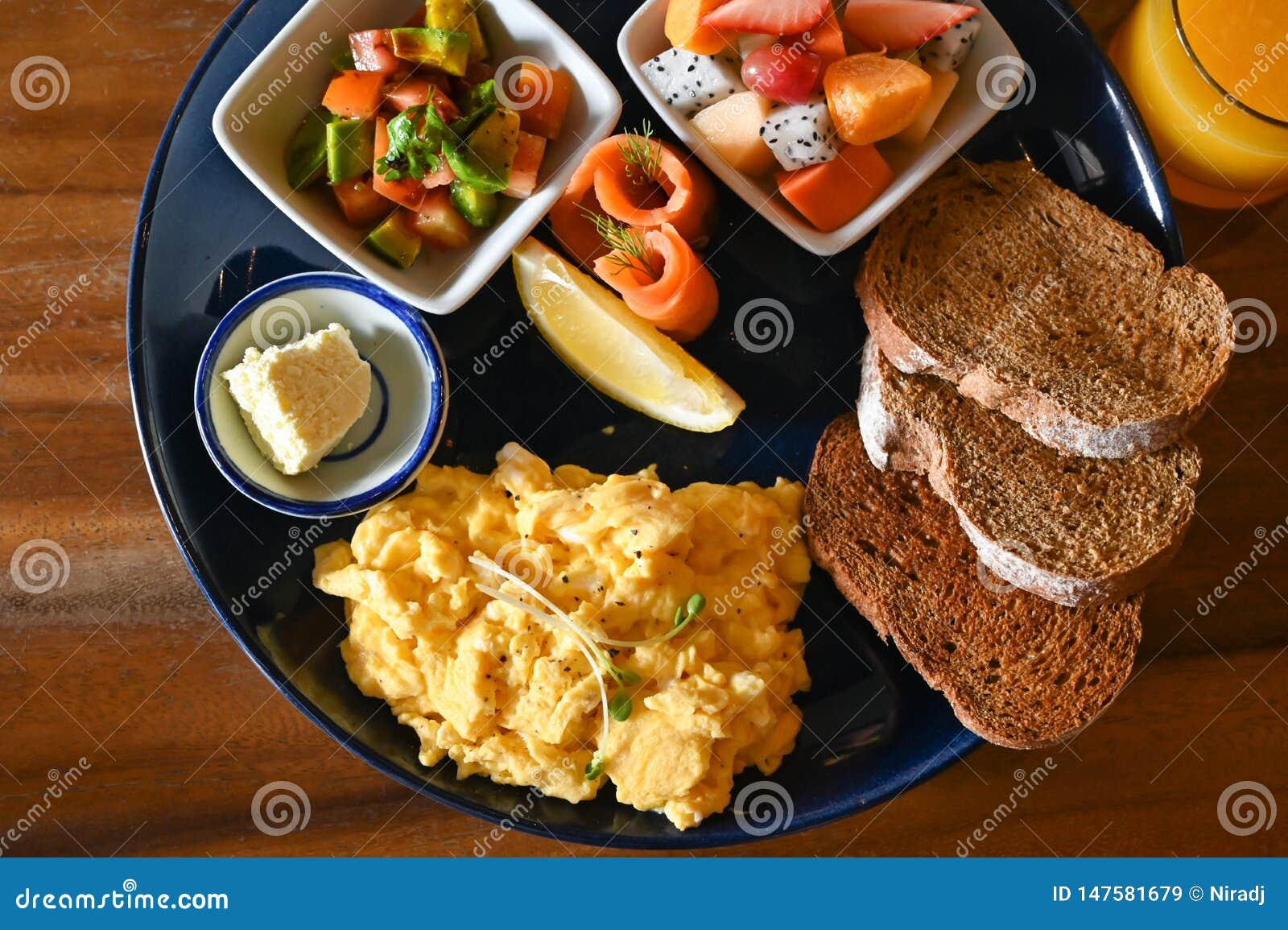Big Breakfast with Eggs, Fruit and Bread Stock Image Image of dill