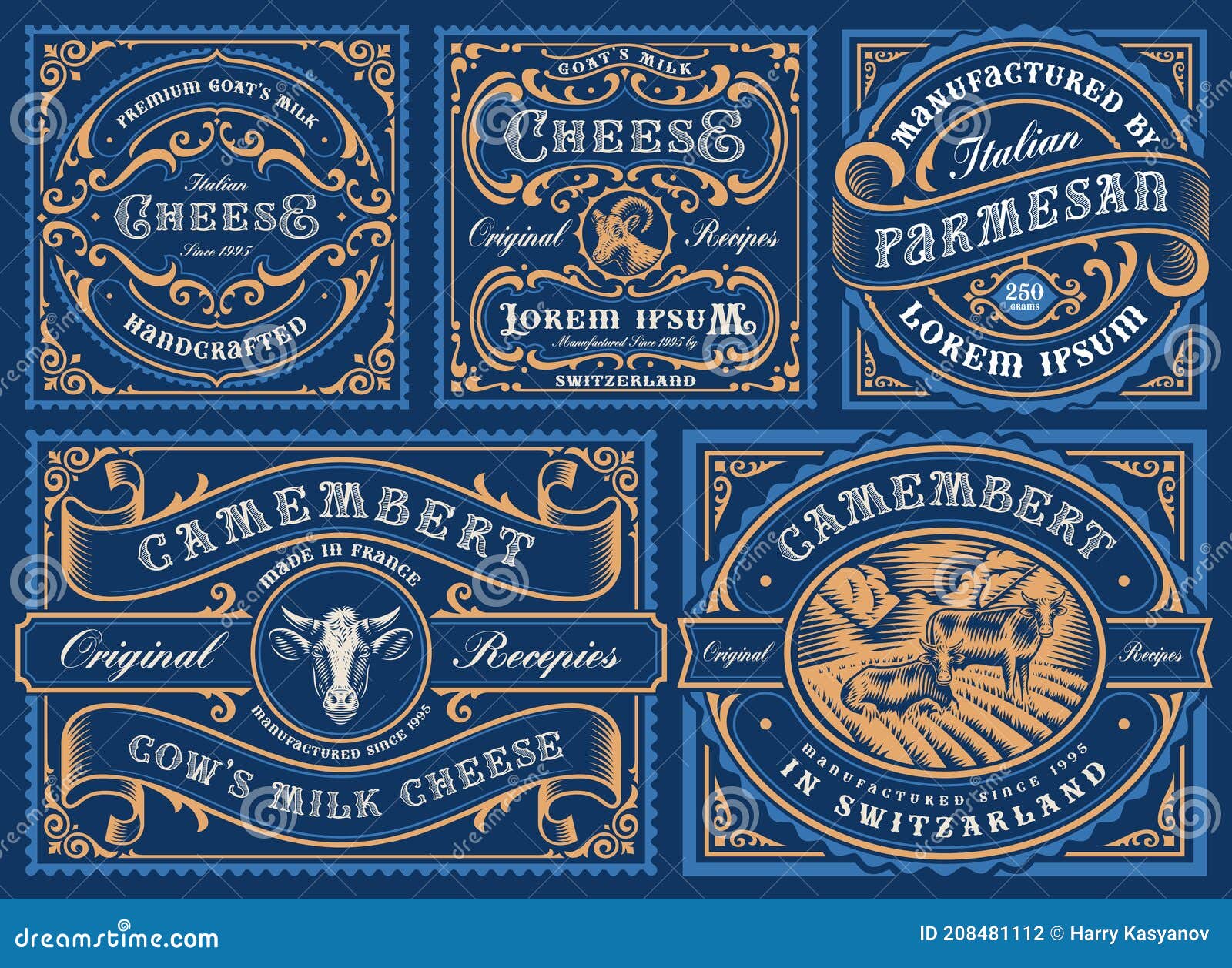 A Big Bundle of Vintage Editable Cheese Labels Stock Vector Illustration of branding, farm