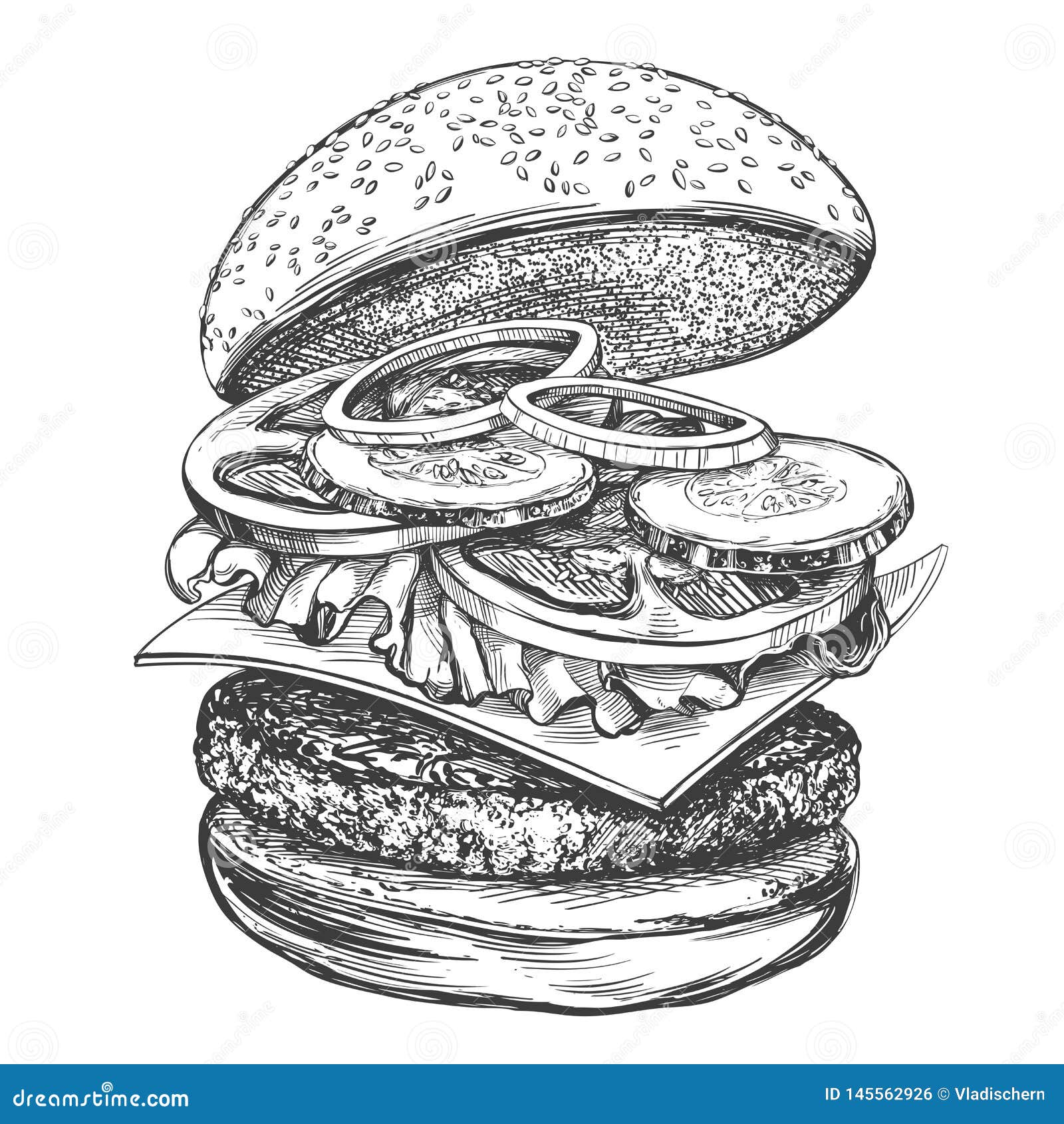 Big Burger, Hamburger Hand Drawn Vector Illustration Realistic Sketch