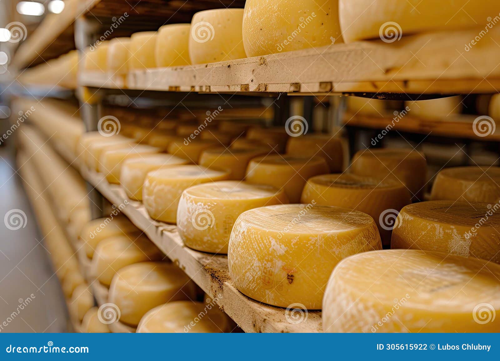 Big Cheese Wheels at Manufacturing Closeup. a Cheese Dairy in a