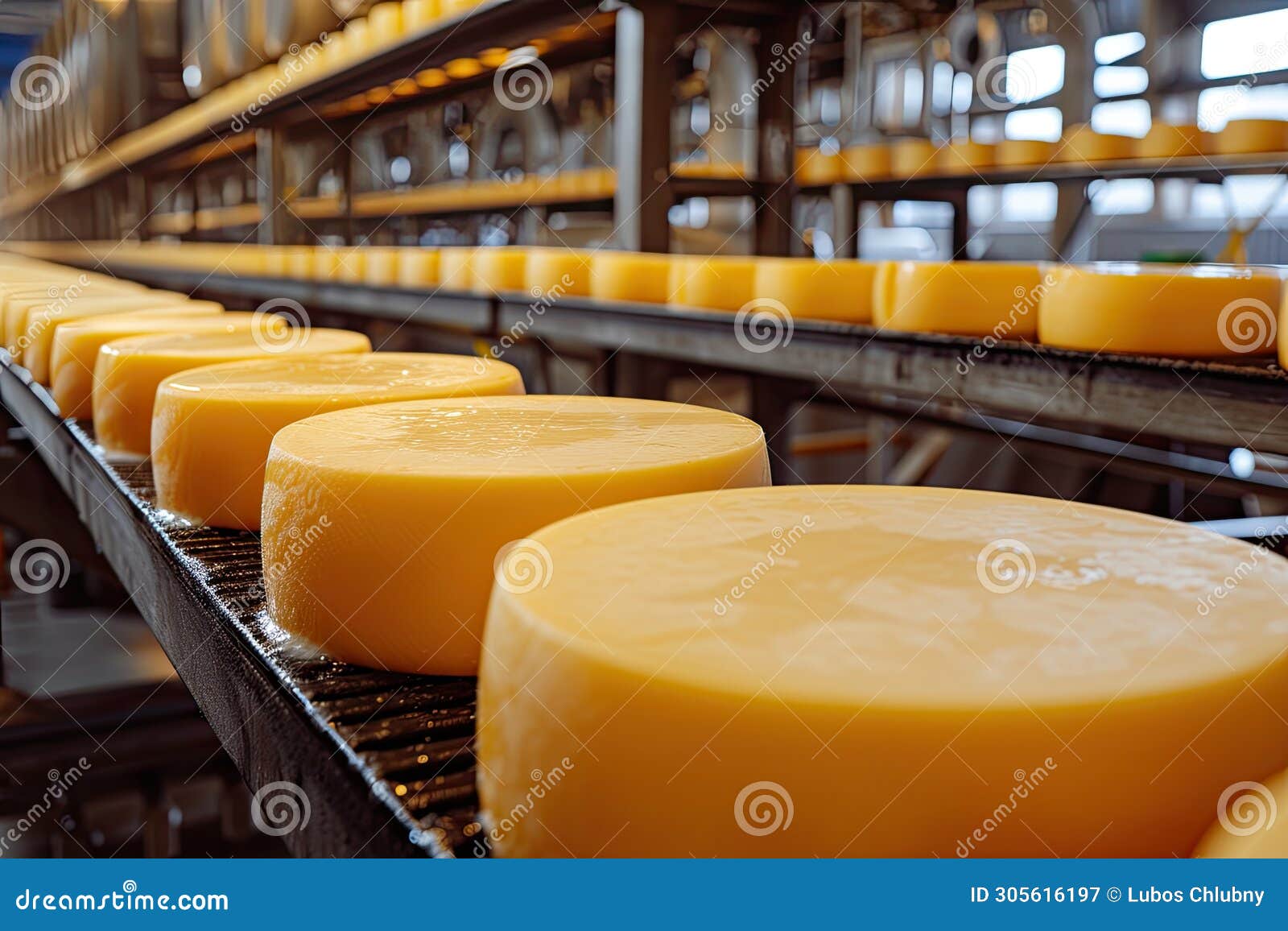 Big Cheese Wheels at Manufacturing Closeup. a Cheese Dairy in a