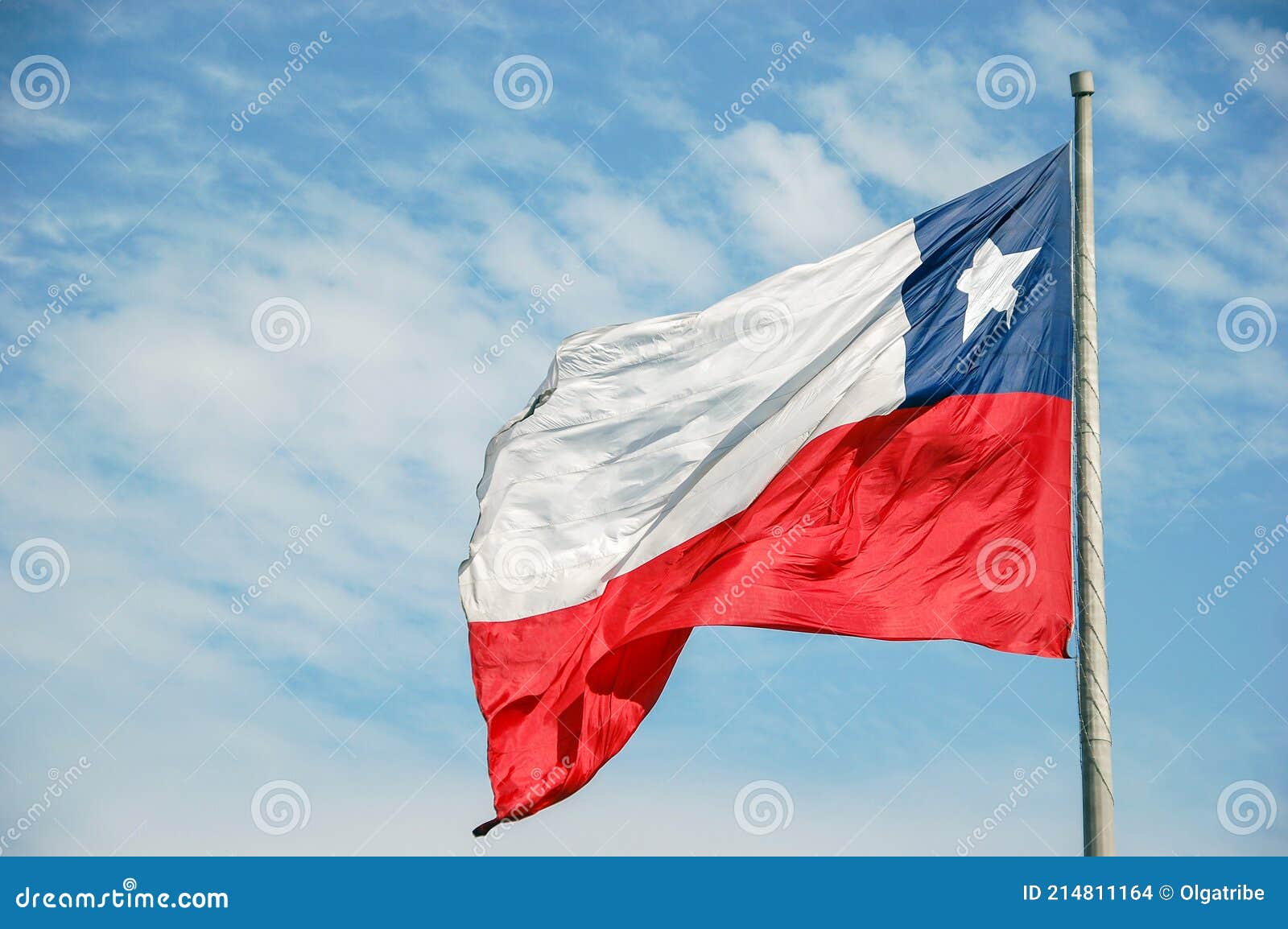 big chilena flag waving in front on blue sky with copy space.