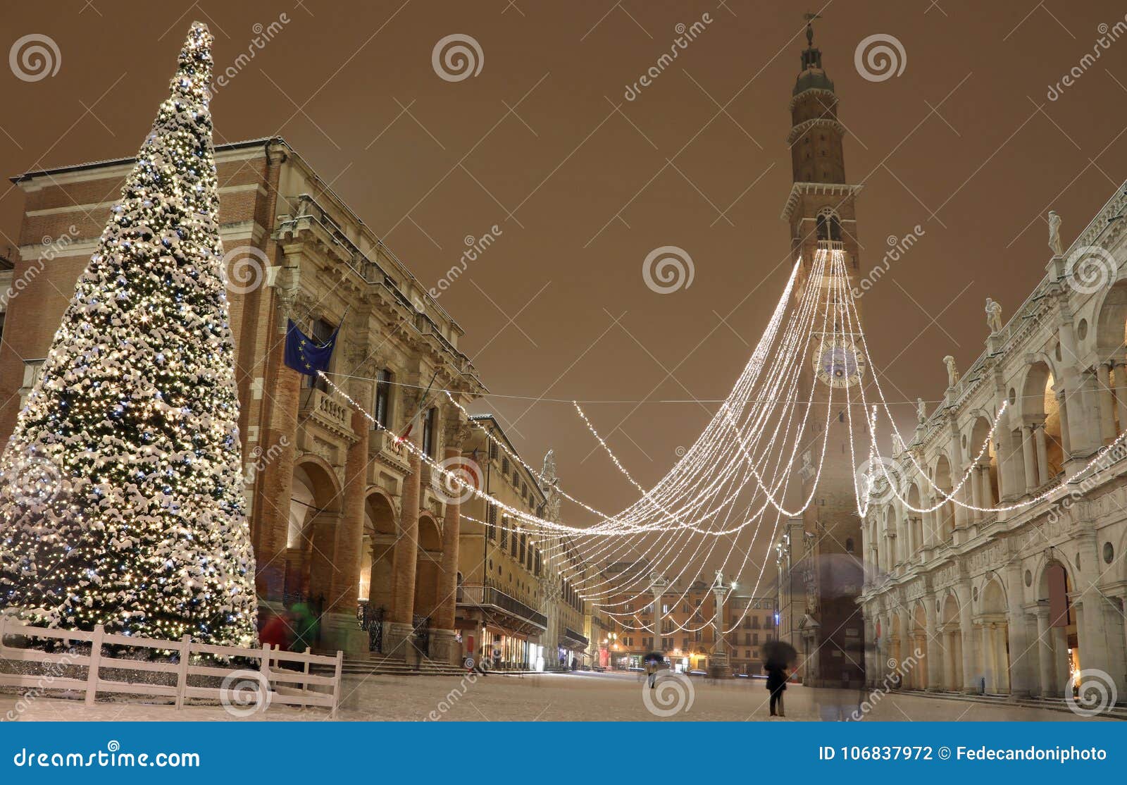 big christmas tree with snow in vicenza in italy