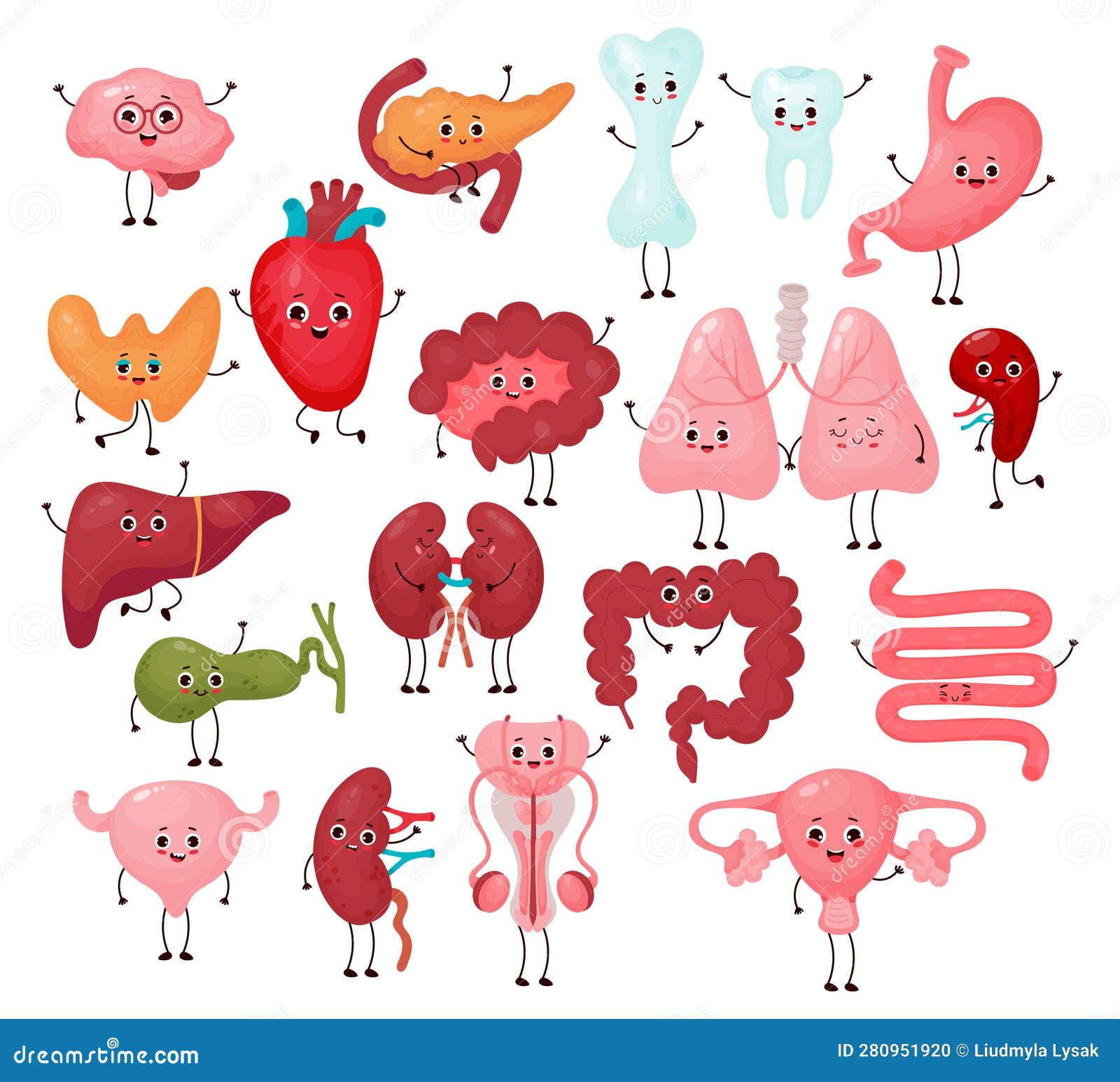 Big Collection Cute Human Cartoon Organs. Isolated Vector Flat Funny ...