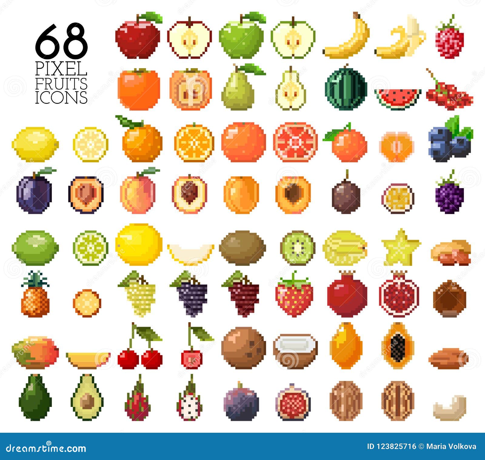 A set of isolated fruits in Pixel Art.