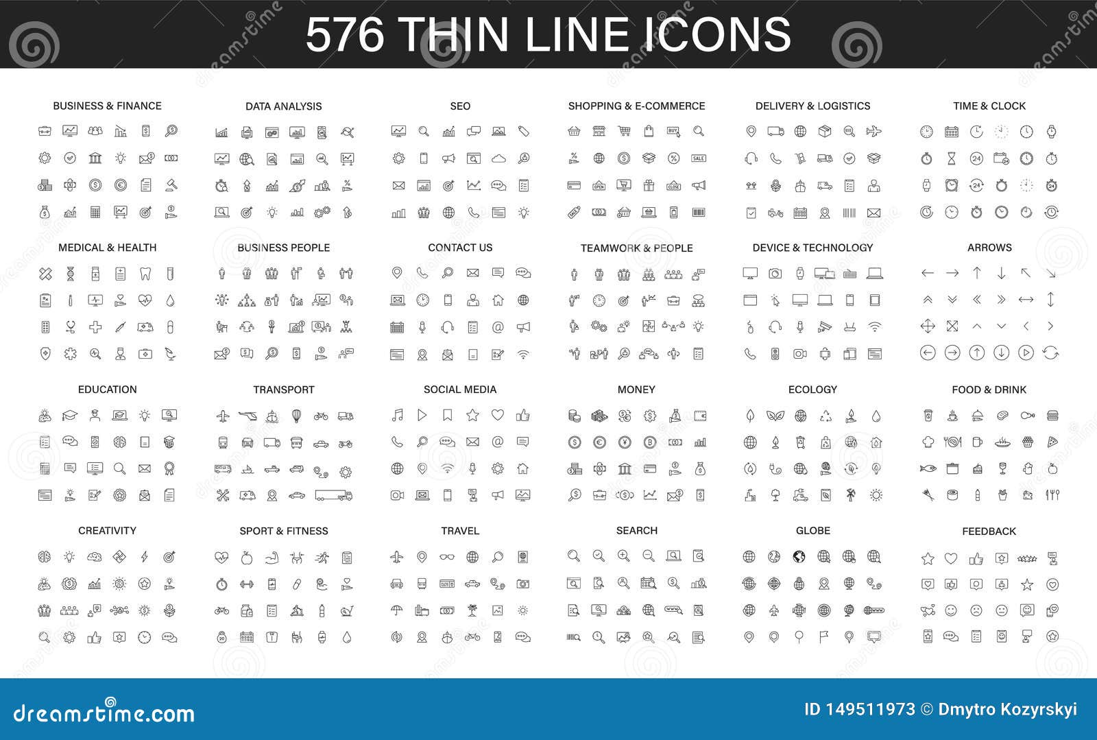 big collection of 576 thin line icon. web icons. business, finance, seo, shopping, logistics, medical, health, people, teamwork,