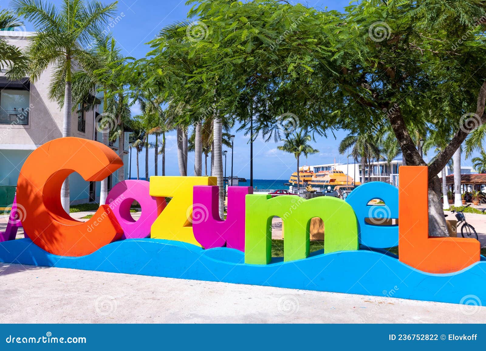 big cozumel letters at the central plaza of san miguel de cozumel near ocean malecon and cancun ferry terminal