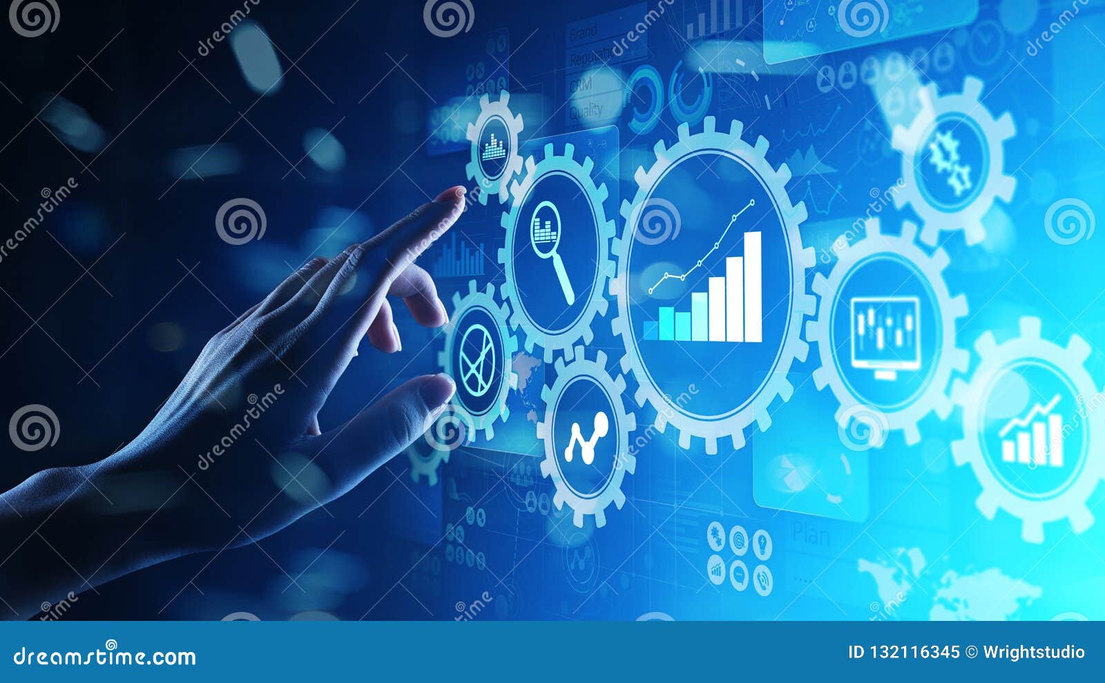 big data analysis, business process analytics diagrams with gears and icons on virtual screen.