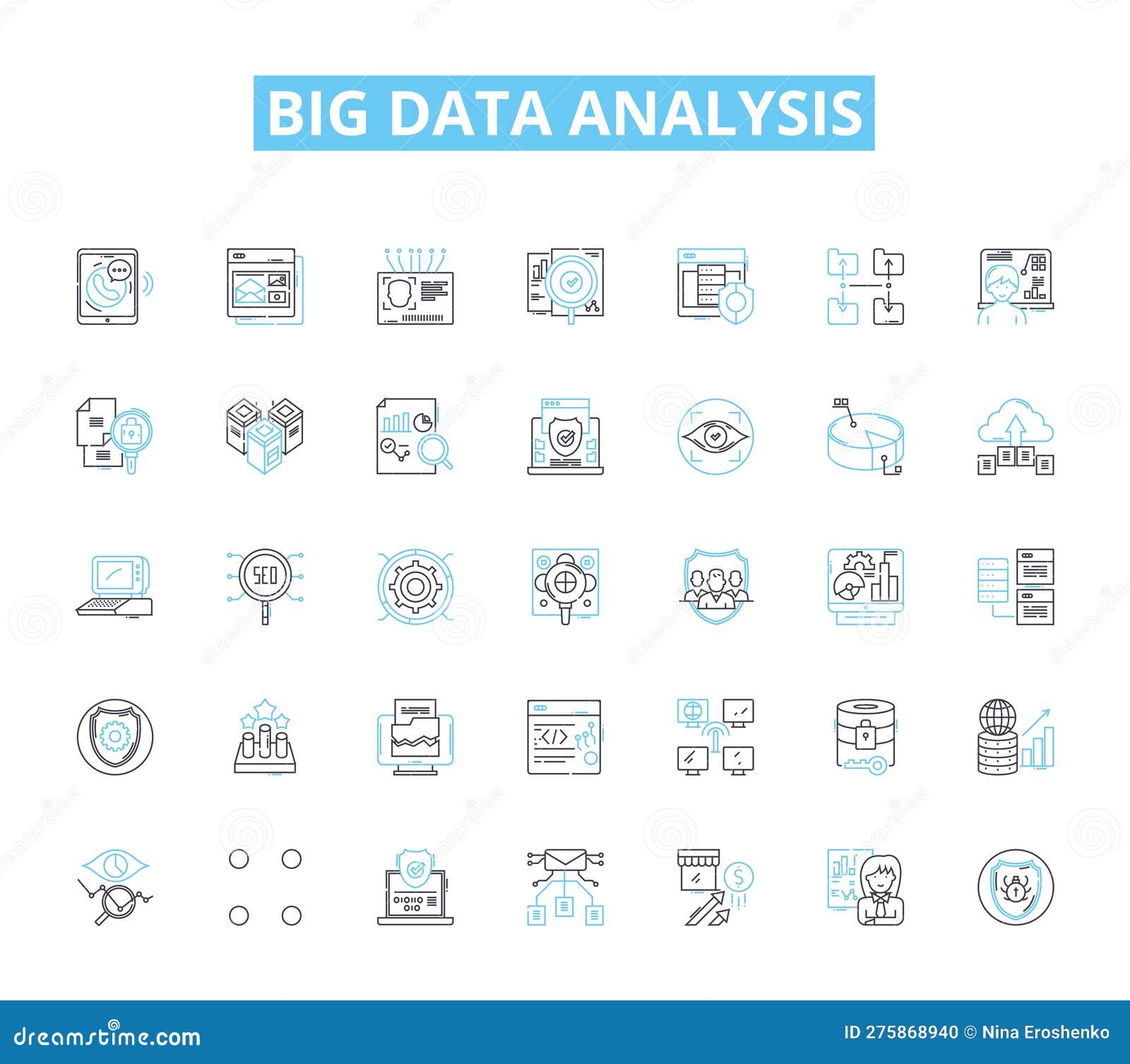 big data analysis linear icons set. analytics, algorithms, clustering, correlations, decision-making, predictions