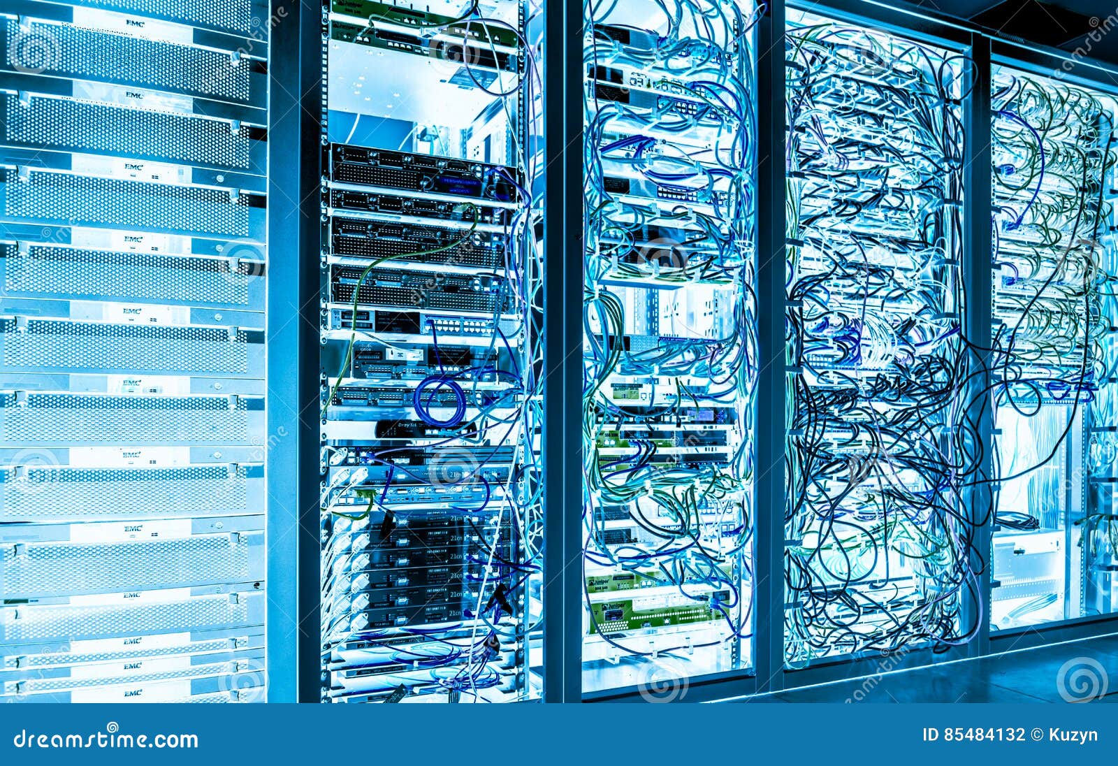 Big Data Dark Server Room with Bright Equipment Stock Photo Image of