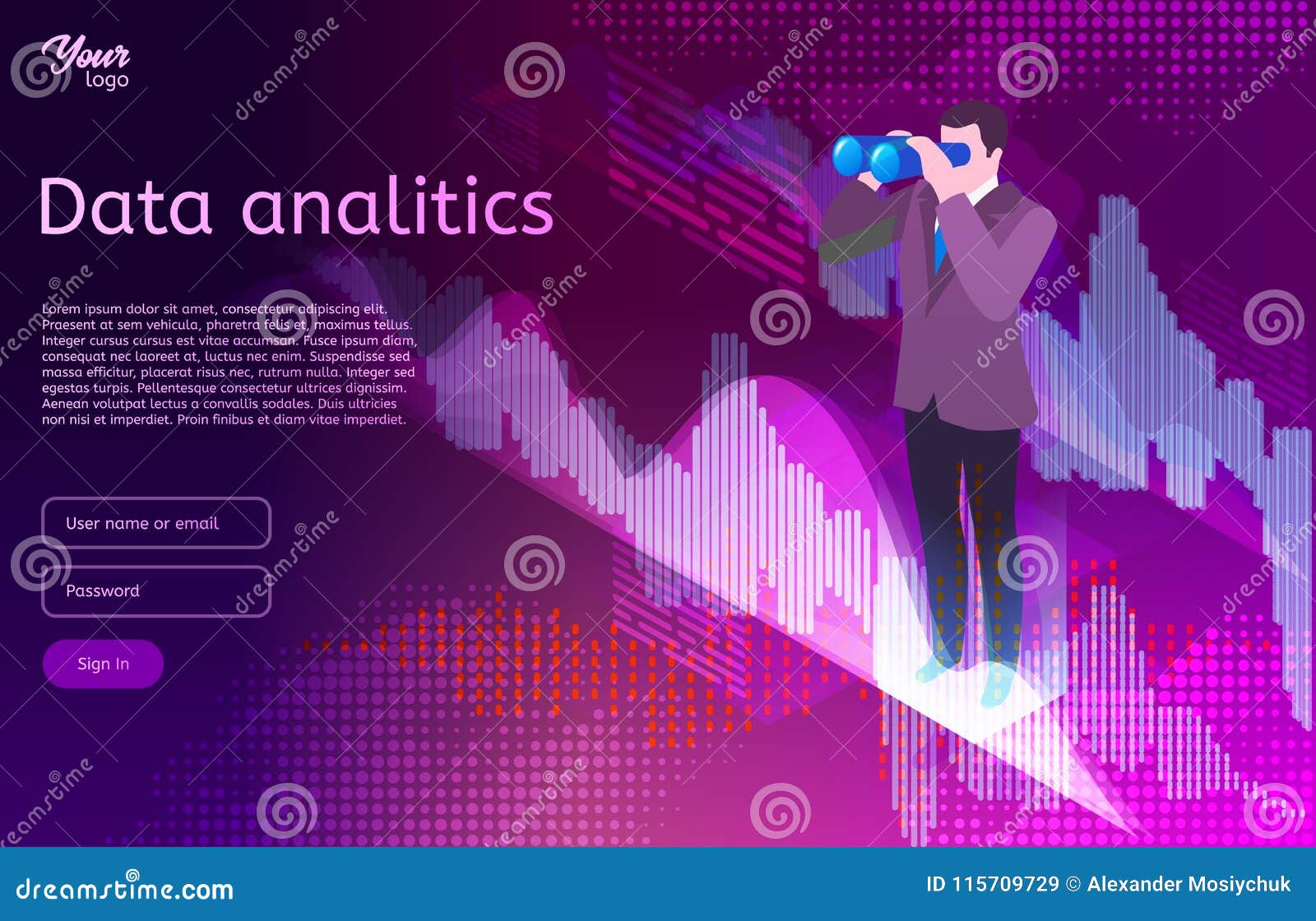 big data isometric  concept. man in suit use binocular spyglasses. business analitics and digital marketing