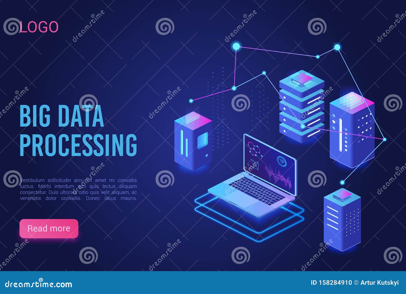 big data processing and analysing landing page  template. analytics data servers, server room banner, web hosting