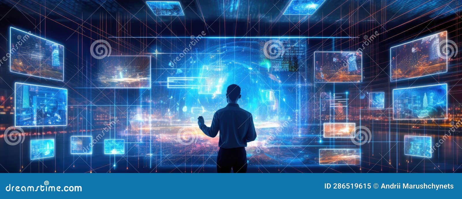 big data technology and data science. data scientist querying, analysing and visualizing complex set on virtual screen. data flow