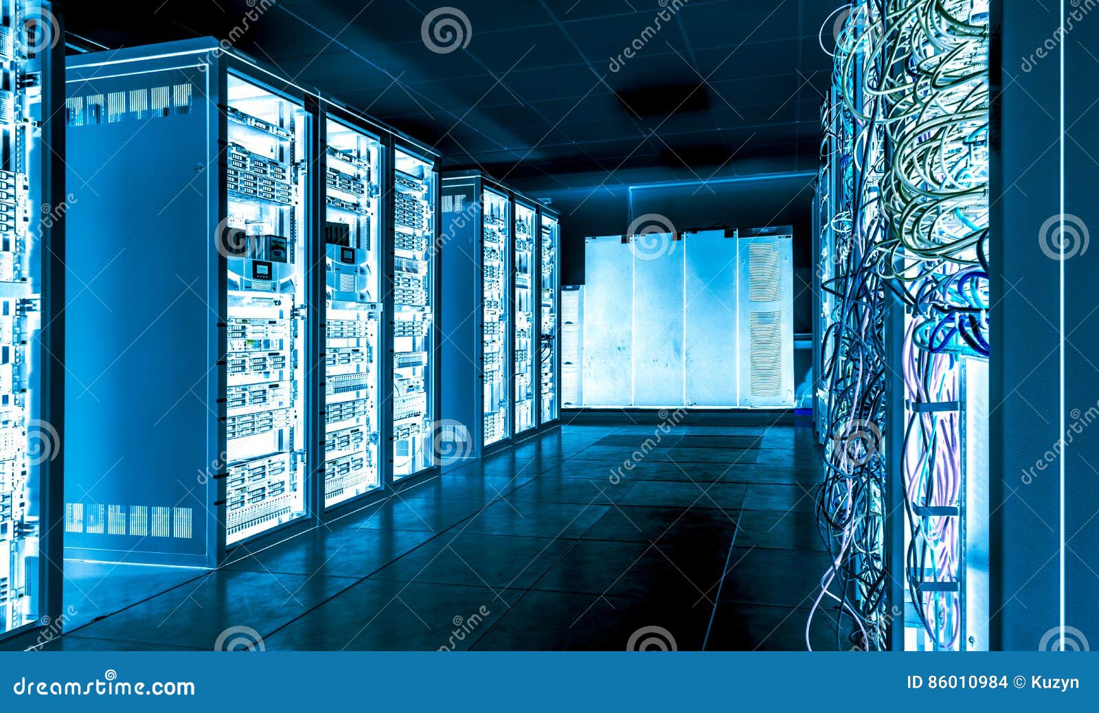 big datacenter with connected servers and internet cables