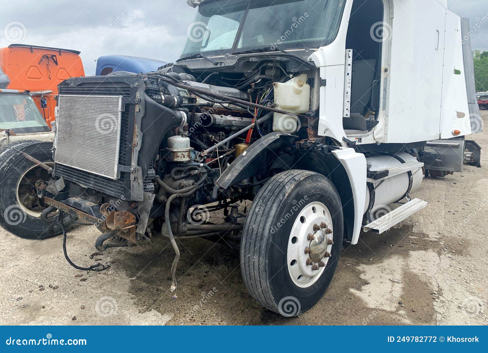 Big External Damage of Truck, Wrecked Bumper and Car Fender