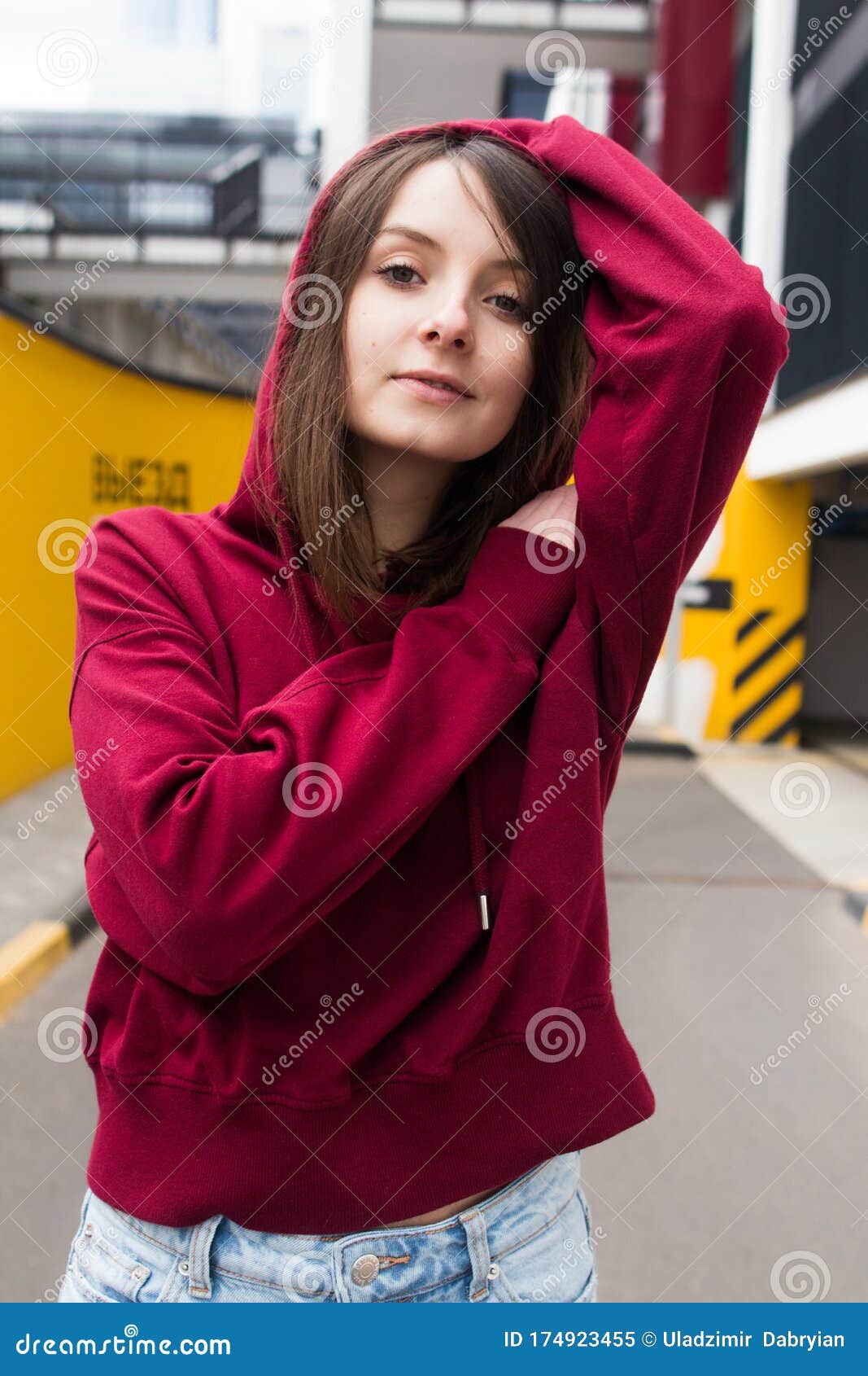 Big Eyes Sweet Girl In Burgundy Hoodie Smiling And Looking At You Stock Image Image Of