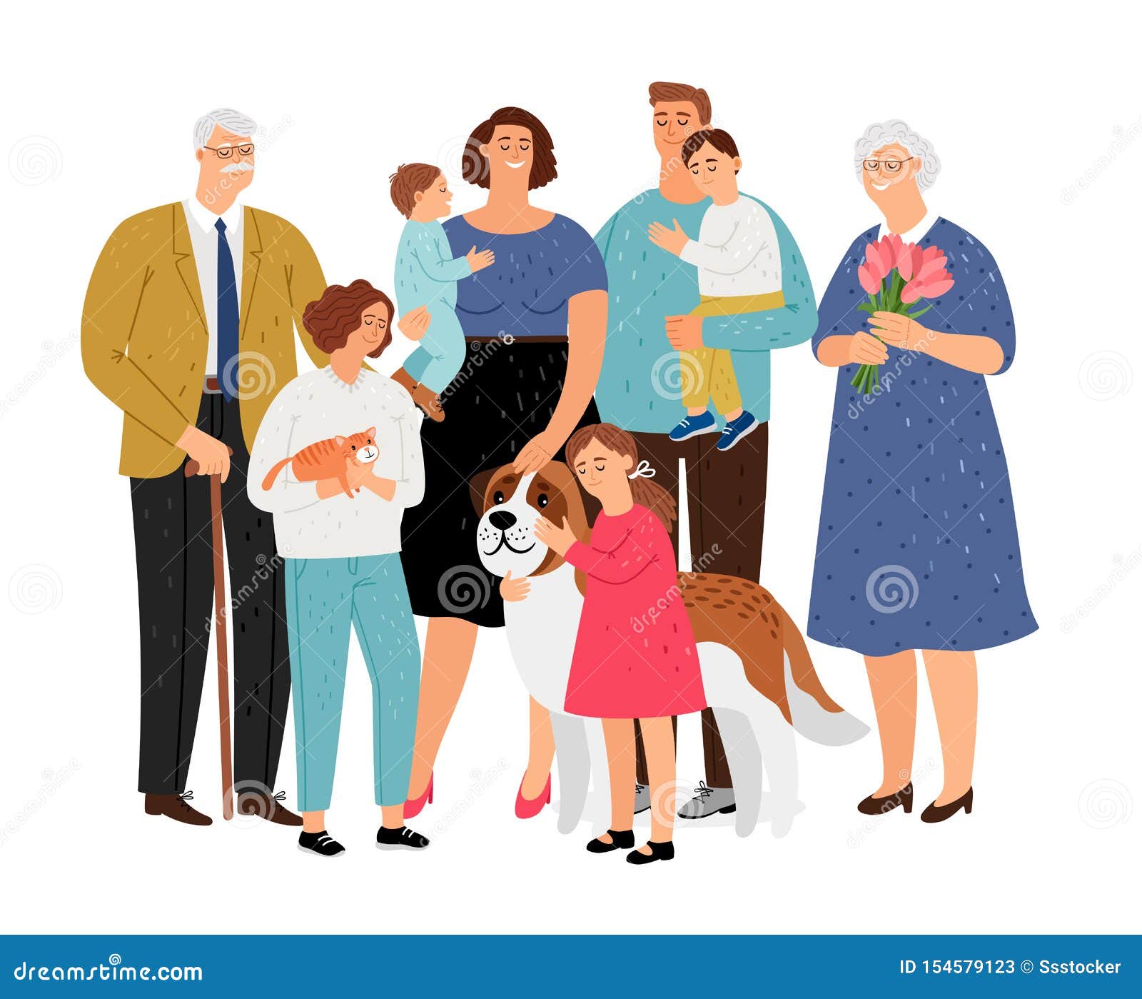 Big family with pet stock vector. Illustration of grandmother - 154579123