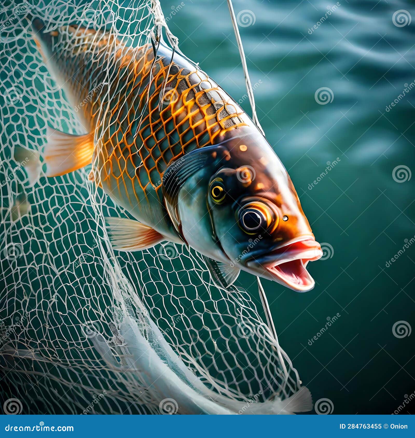 Big Fish Caught in a Fishing Net - Ai Generated Image Stock