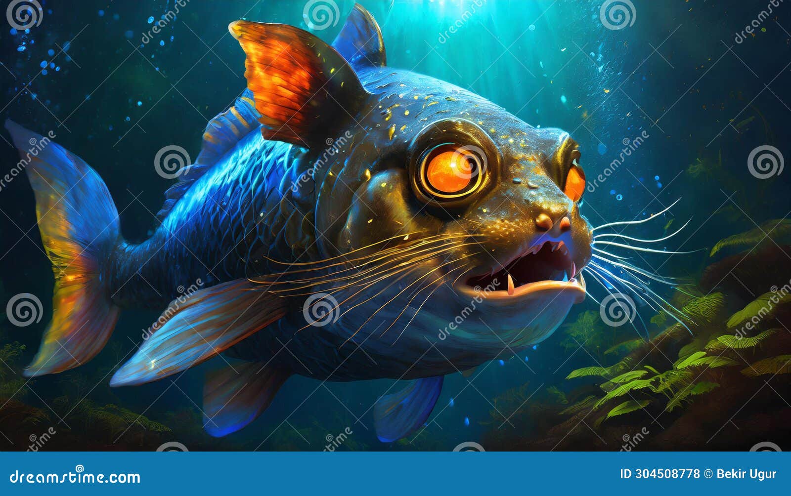 Big Fish with Whiskered Cat Face Stock Illustration - Illustration