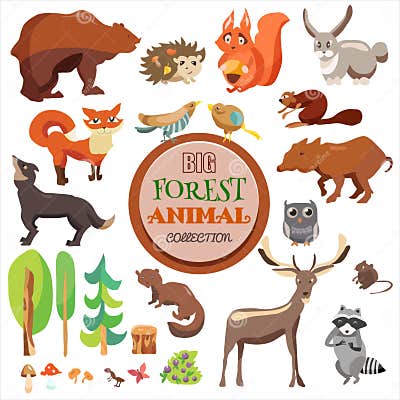 Big Forest Funny Animals Set. Vector Collection, on White Background ...