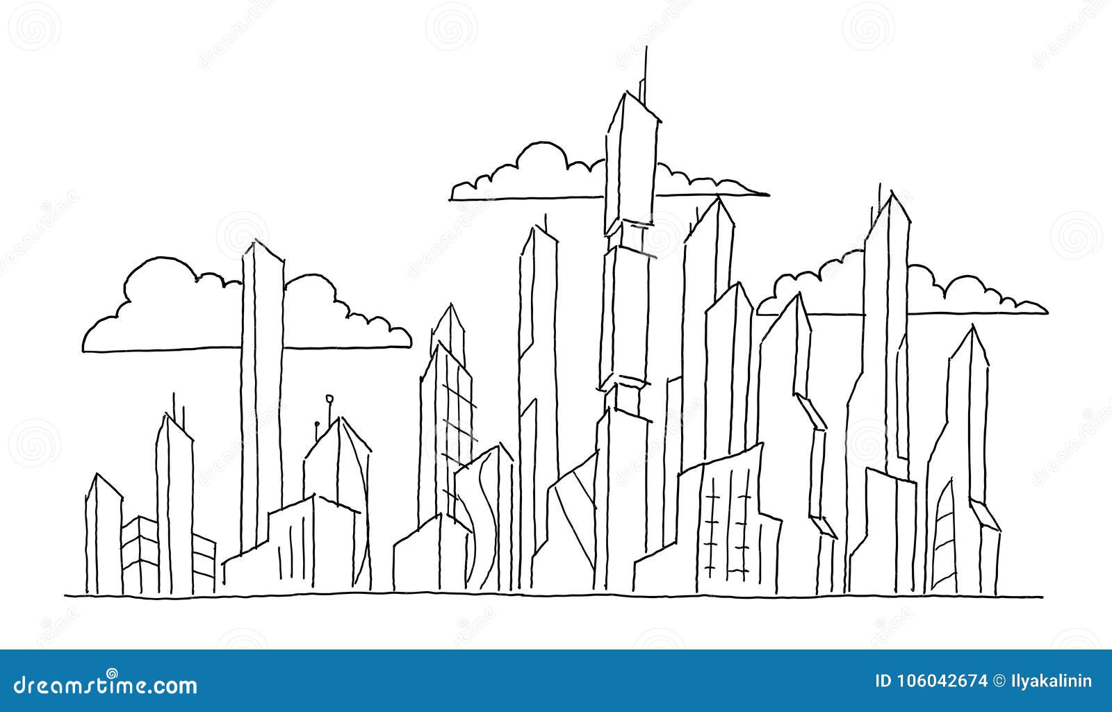Big Future City Skyscraper Sketch Highrise Buildings. Hand Drawn