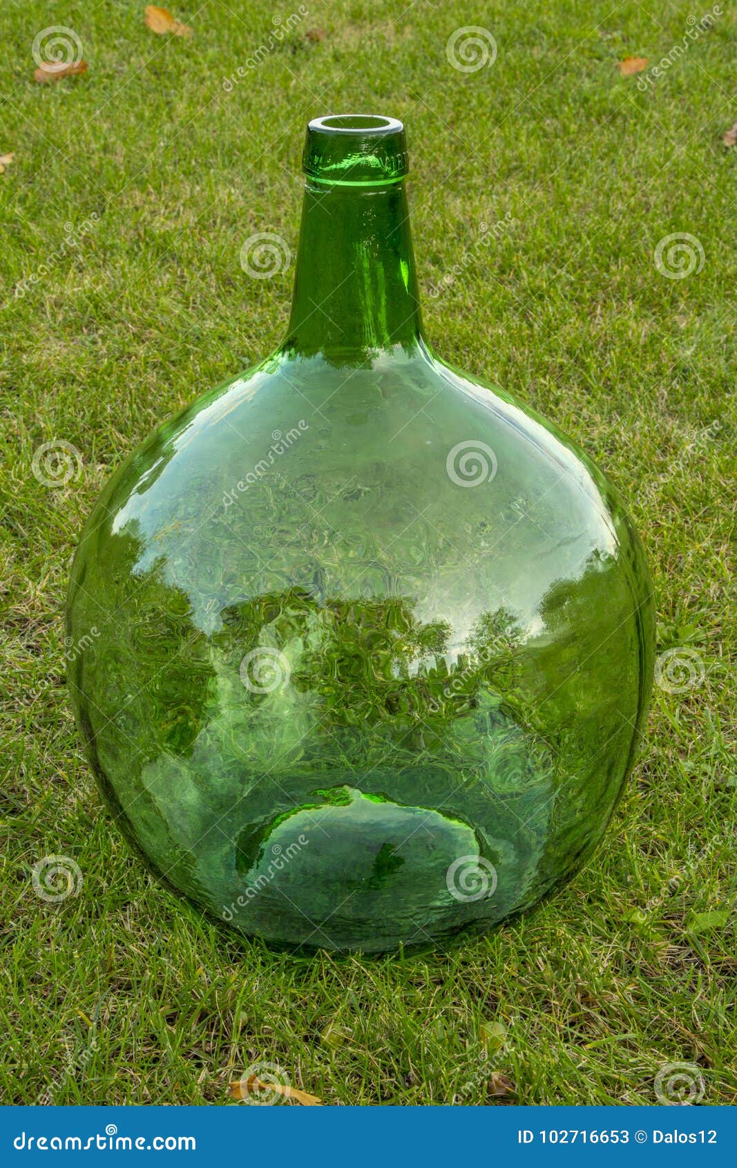 Big Glass Bottle of Wine Empty, on Green Grass Background. Stock