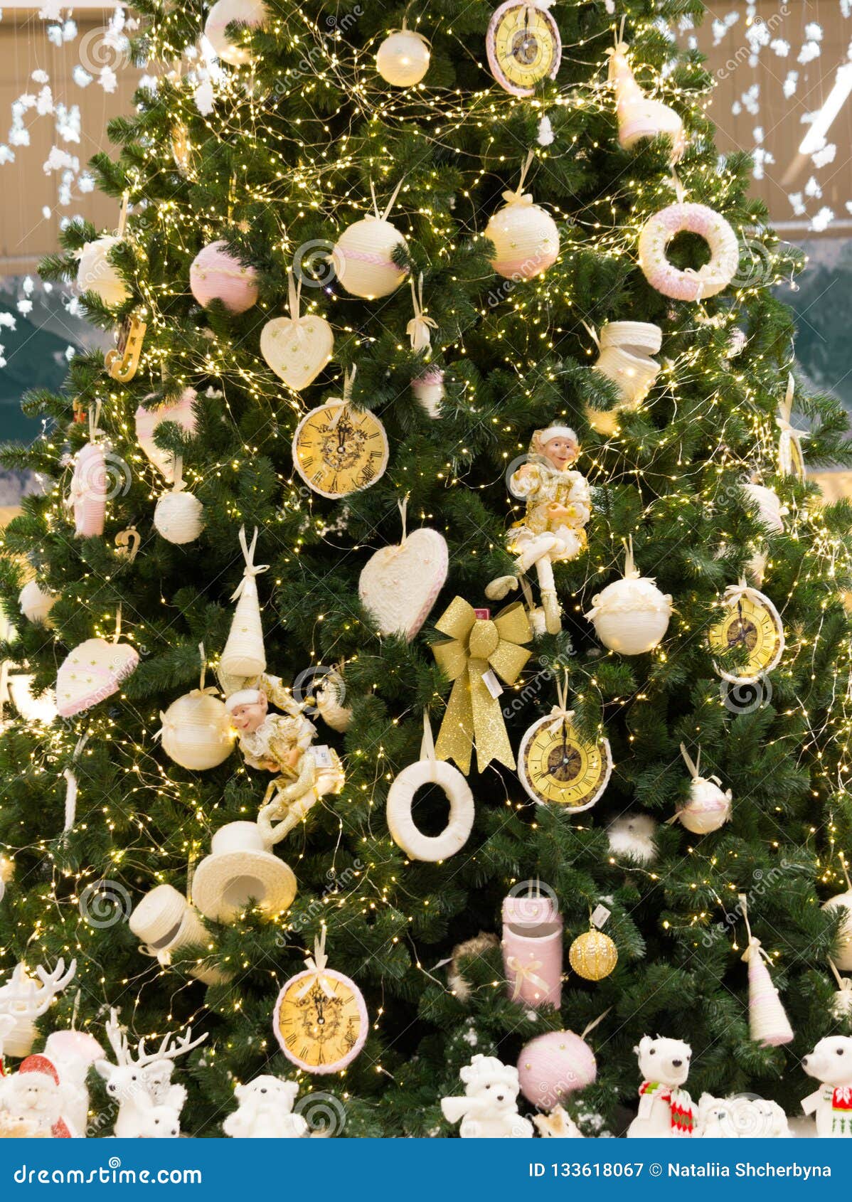 Big Green Christmas Tree with White and Yellow Decoration. Golden ...