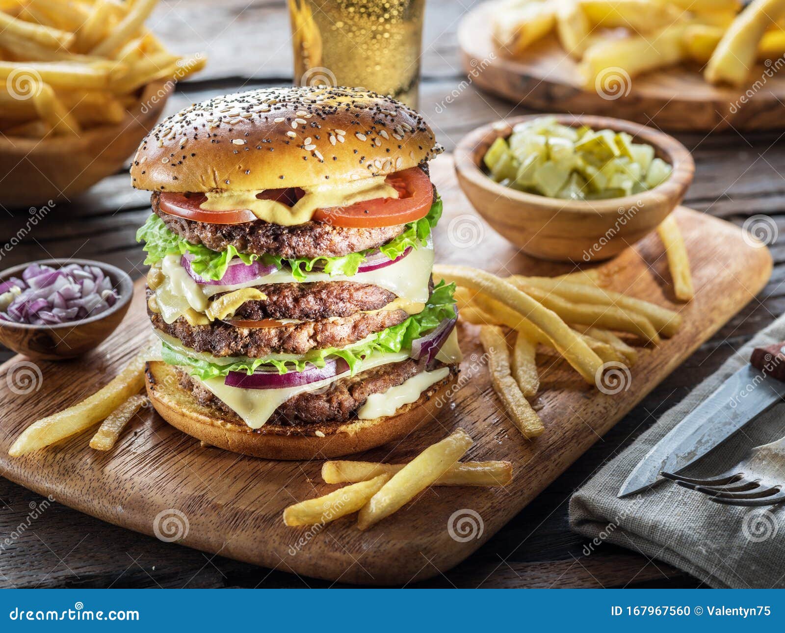 Big Hamburger And French Fries On The Wooden Tray Stock Photo Image