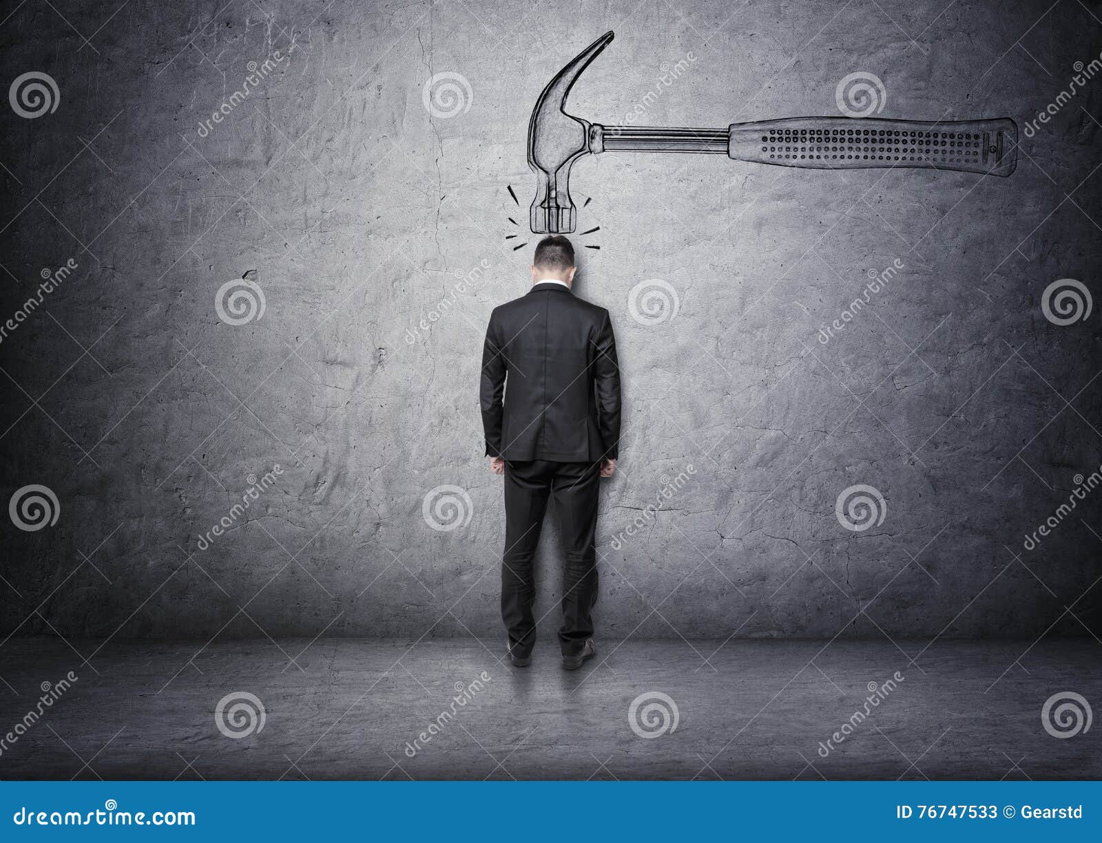 Big Hand Drawn Hammer Hitting a Businessman on His Head Stock Image