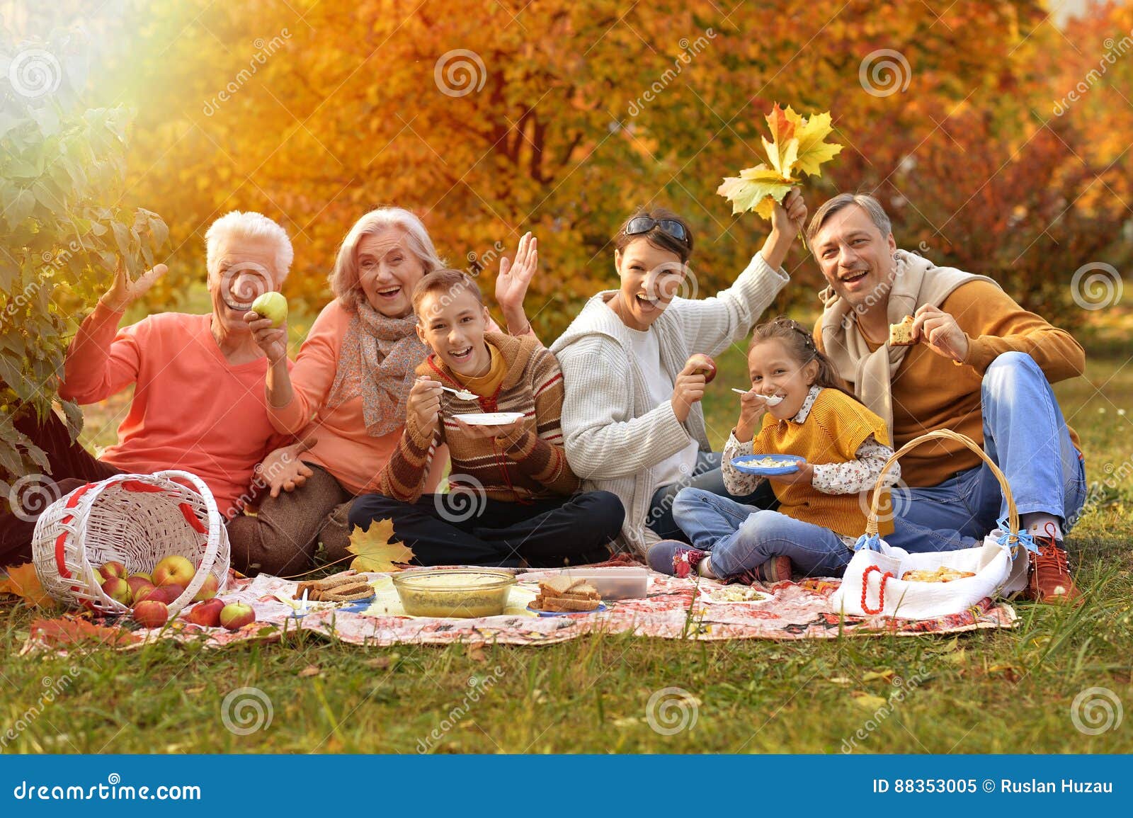 big happy family on picnic