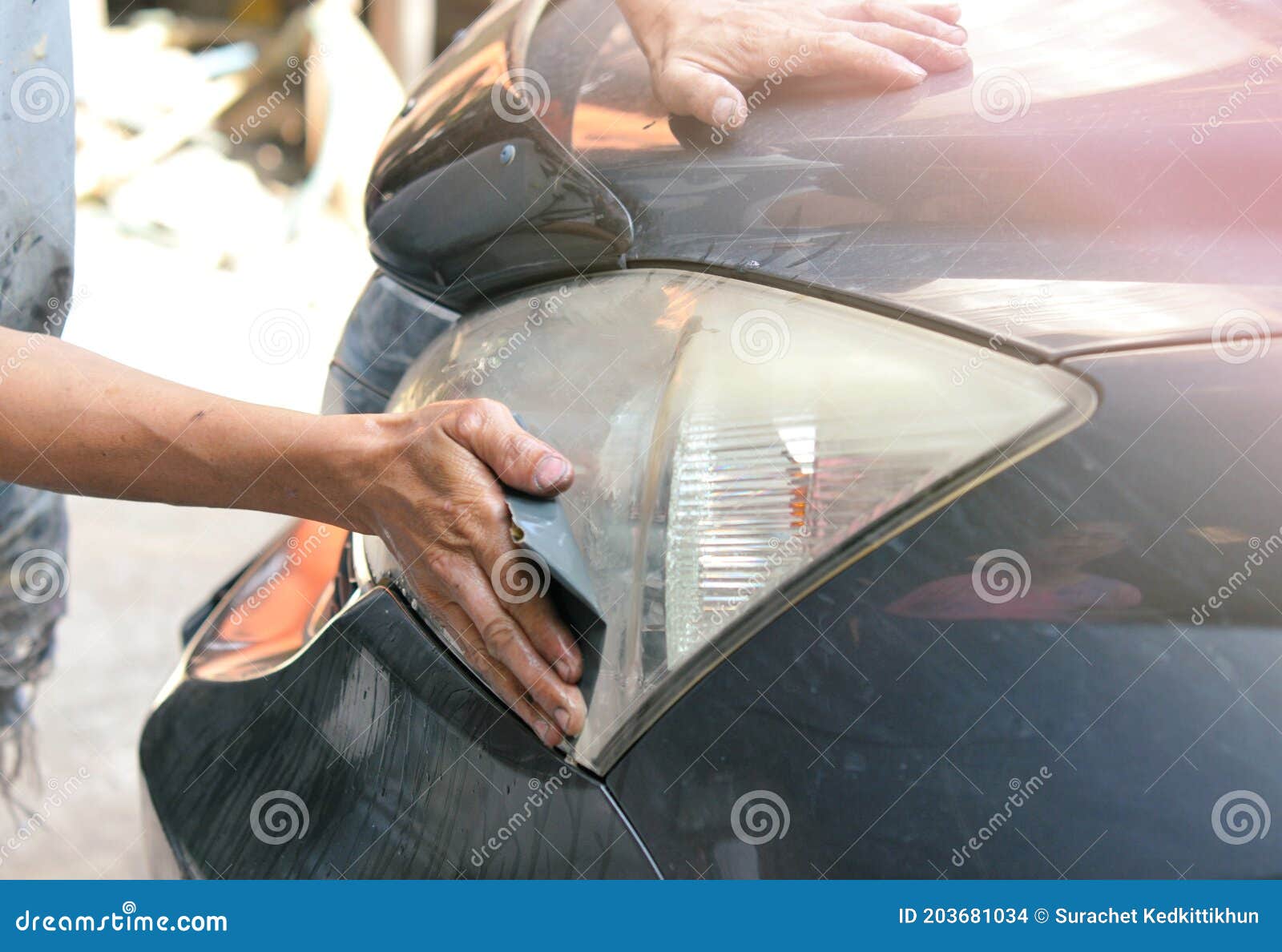 Big Headlight Cleaning on the Car with Power Buffer Machine at Service