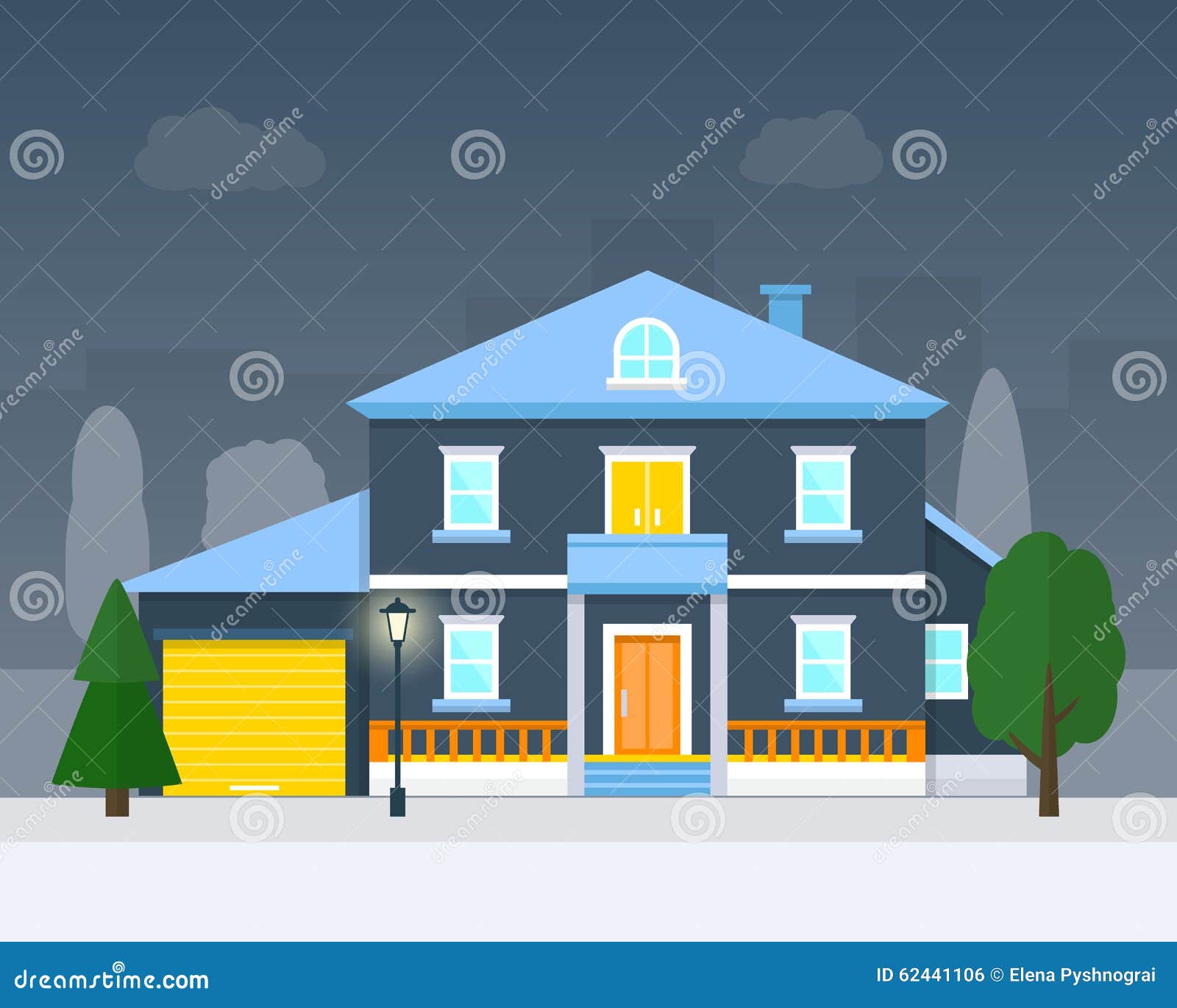 Big House with Evening or Night Landscape. Stock Vector Illustration