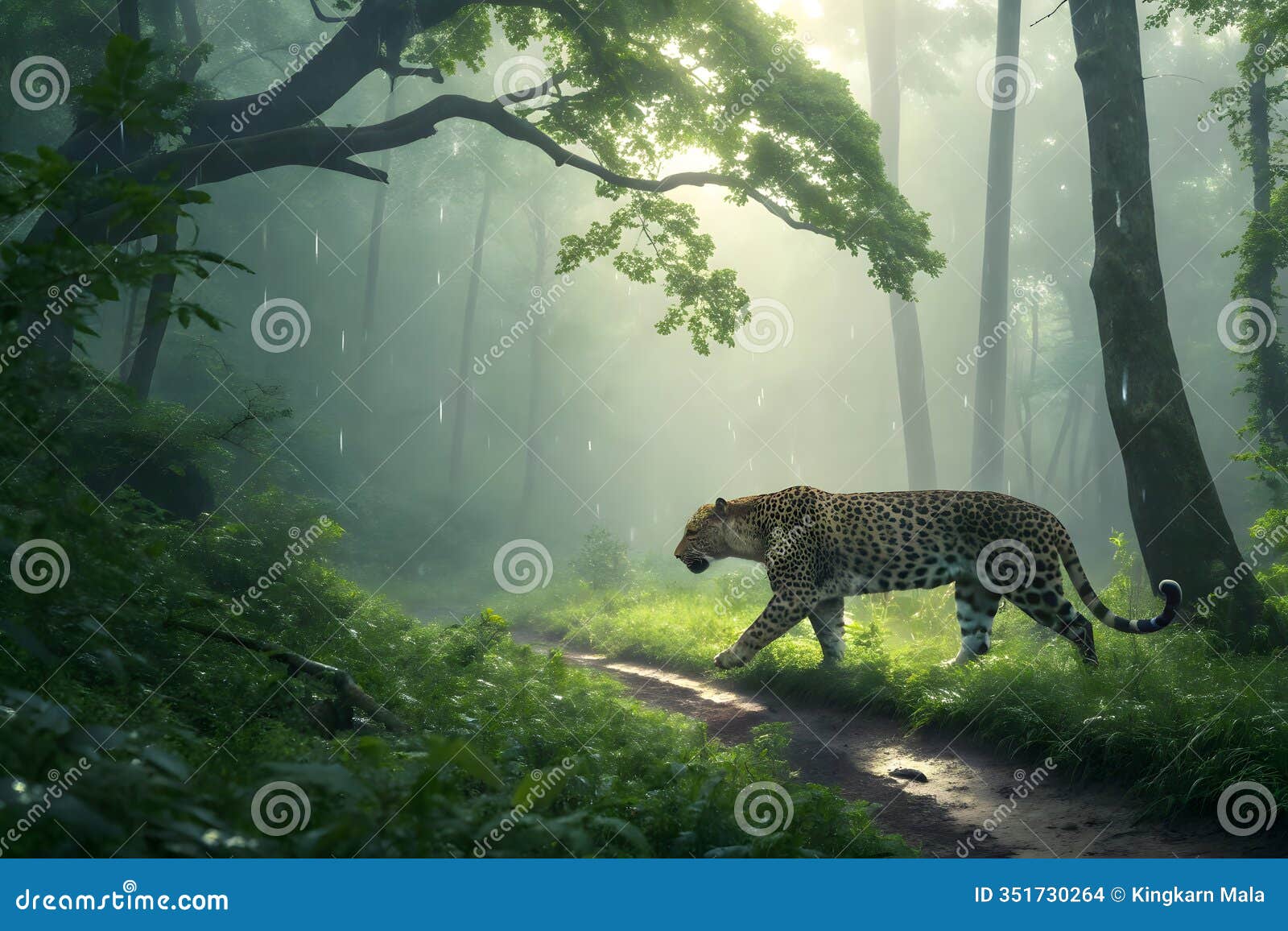 big leopard walking only towards lampong, in the middle of a deep forest with big trees