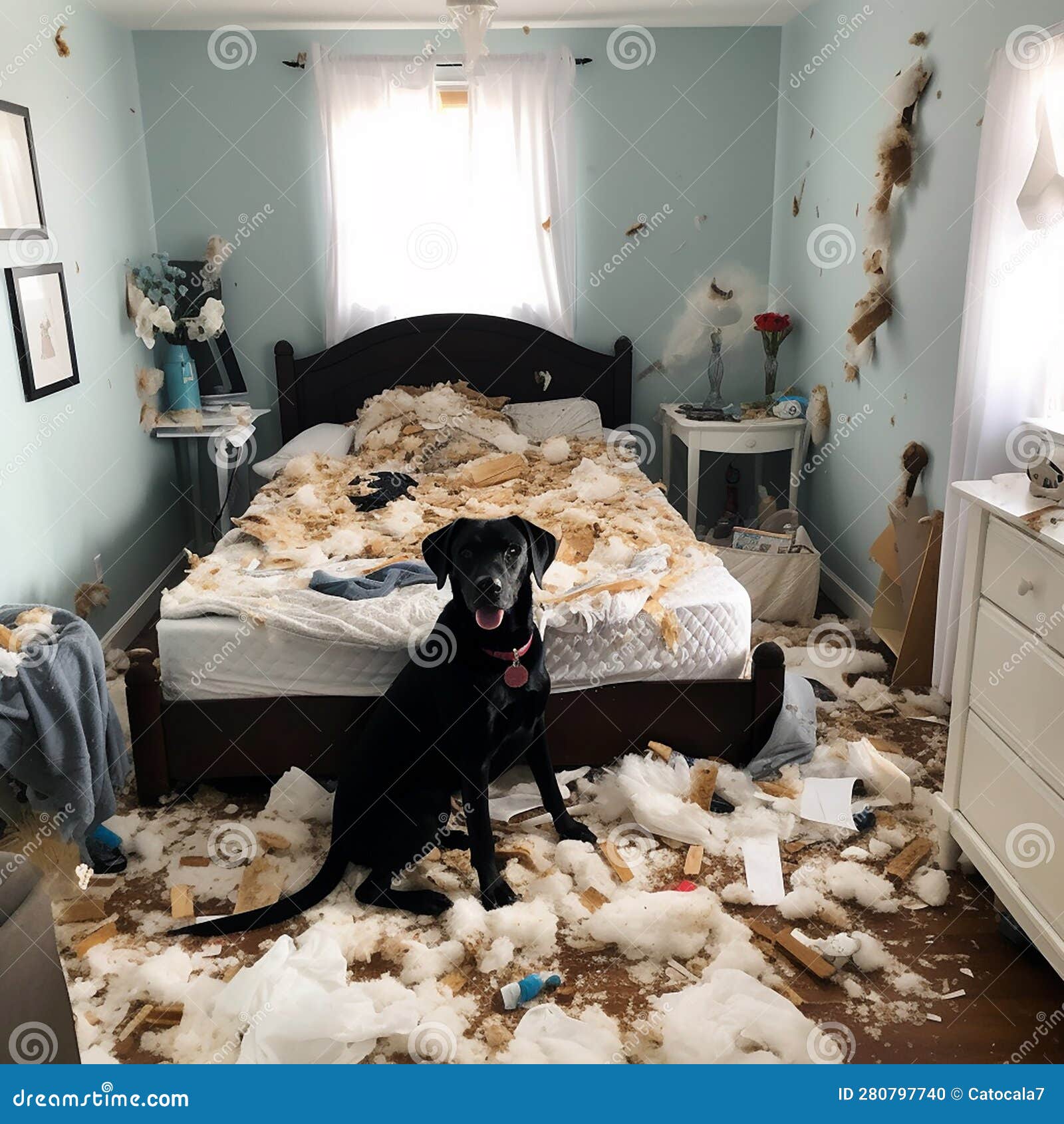 Big Mess in Bedroom, Ruined Broken Torn Things, Guilty Dog in Middle