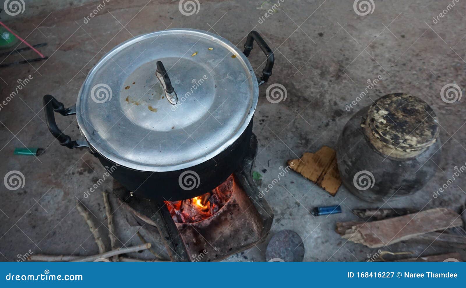 Big Metal Pot Black on Brazier for Cooking. Stock Image Image of