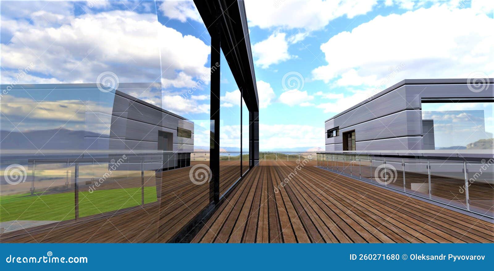 big mirror glass panoramic doors on the wooden openair terrace of the elite private estate built with ecologicaly clean energy