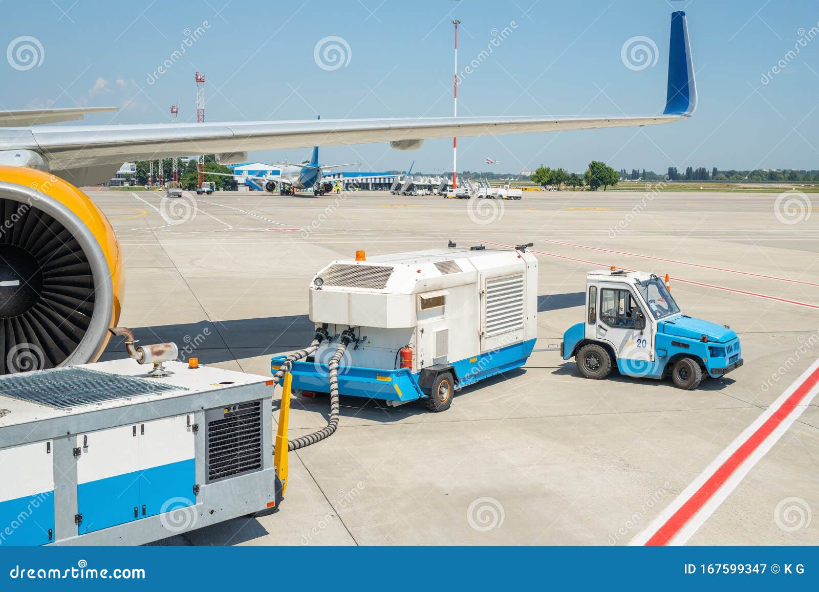 Big Modern Commercial Plane Parked On Airport Runway And Connected To  Ground Supply Power Unit. Aircraft Maintenance Stock Image - Image Of  Flight, Ground: 167599347