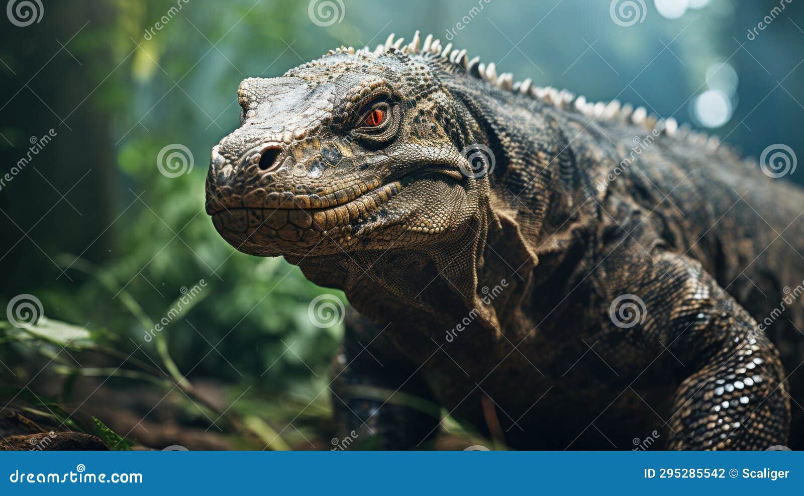 big monitor lizard like komodo dragon close-up, portrait of wild reptile, ancient dinosaur on green forest background. concept of