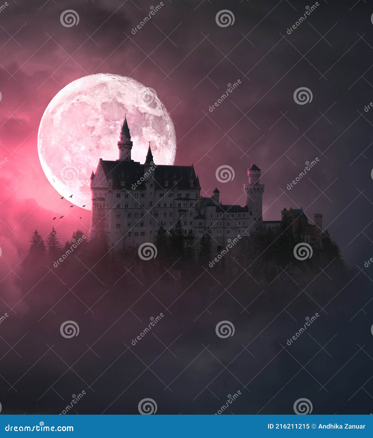 The Big Moon Behind the Castle Stock Illustration - Illustration of  enchanted, cliff: 216211215