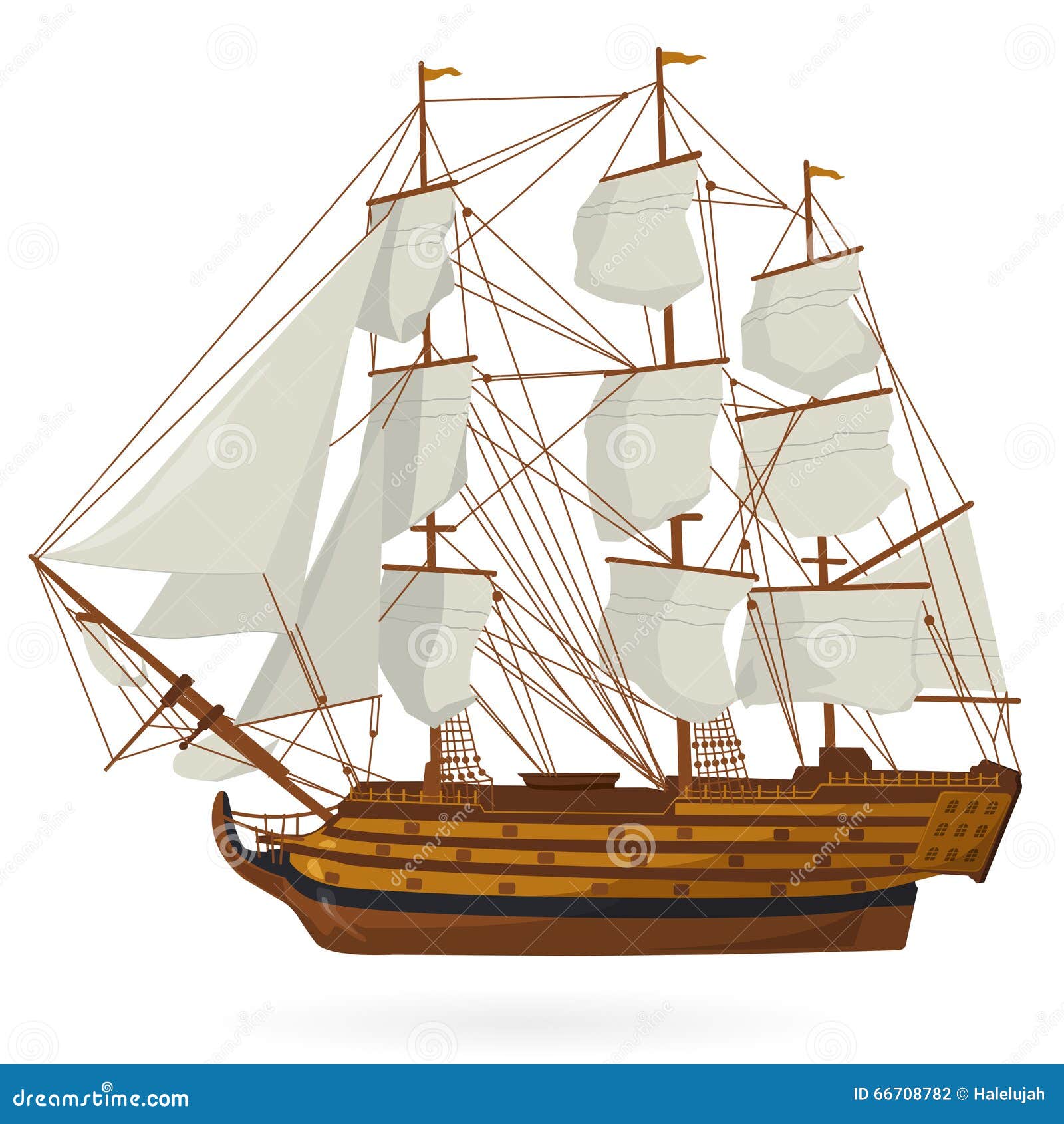 Big Old Wooden Historical Sailing Boat Galleon On White 